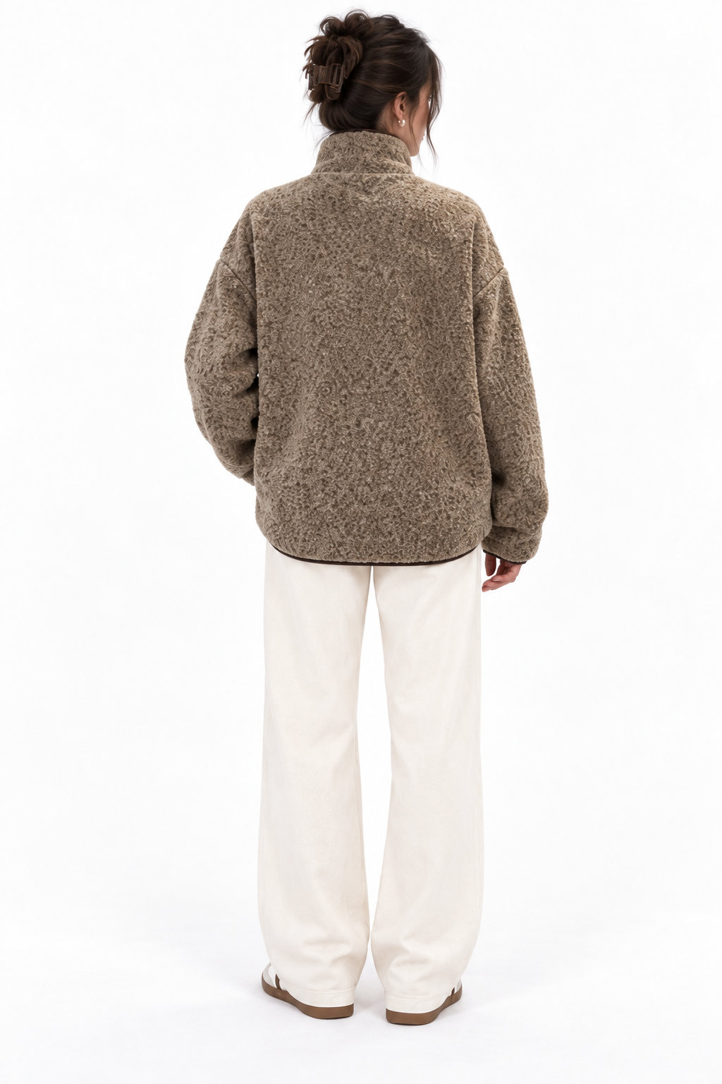 4984 Kadın Fermuarlı Önden Cepli Yumuşak Dokulu Dik Yaka Polar Sweatshirt Bej