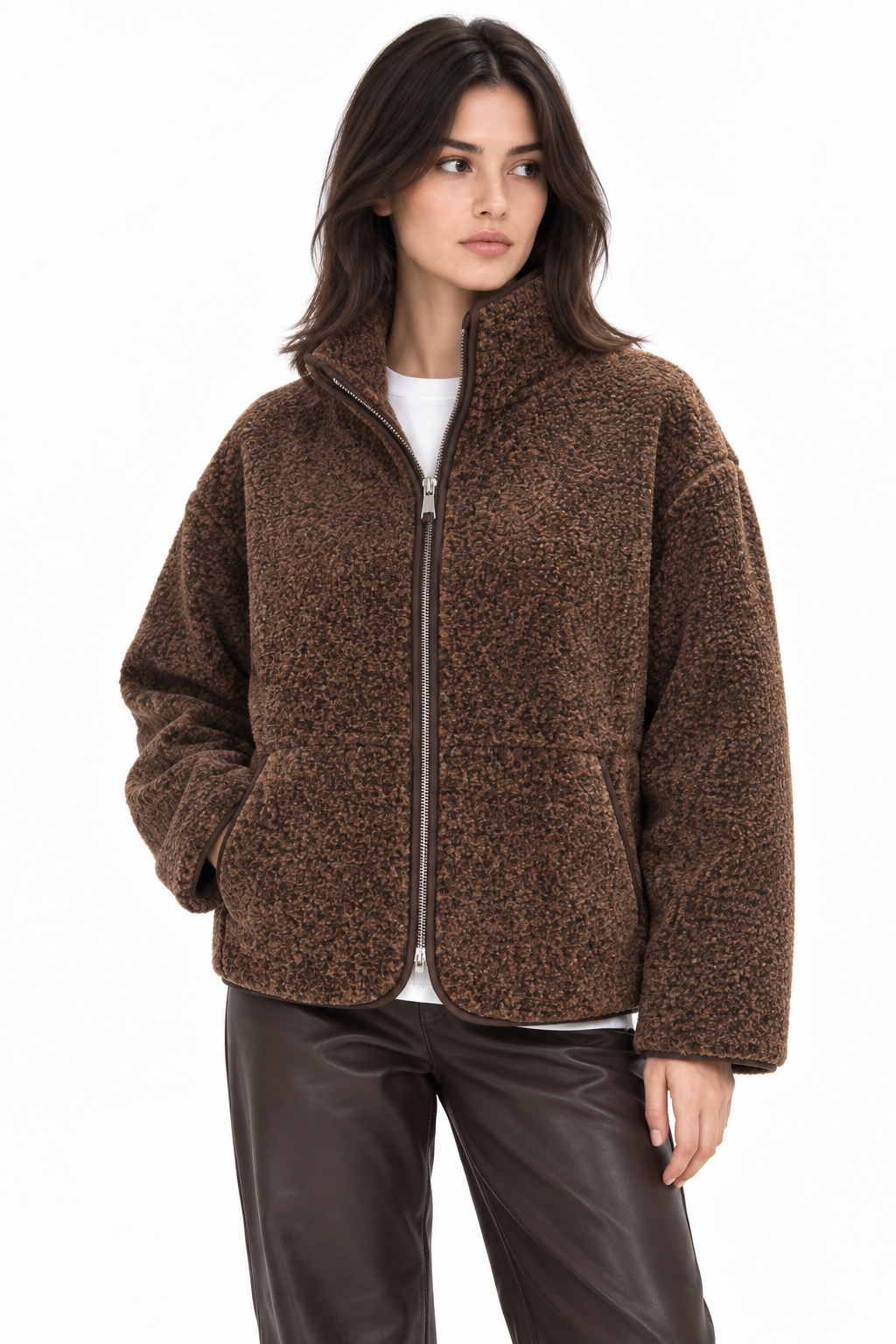 4984 Kadın Fermuarlı Önden Cepli Yumuşak Dokulu Dik Yaka Polar Sweatshirt Kahve