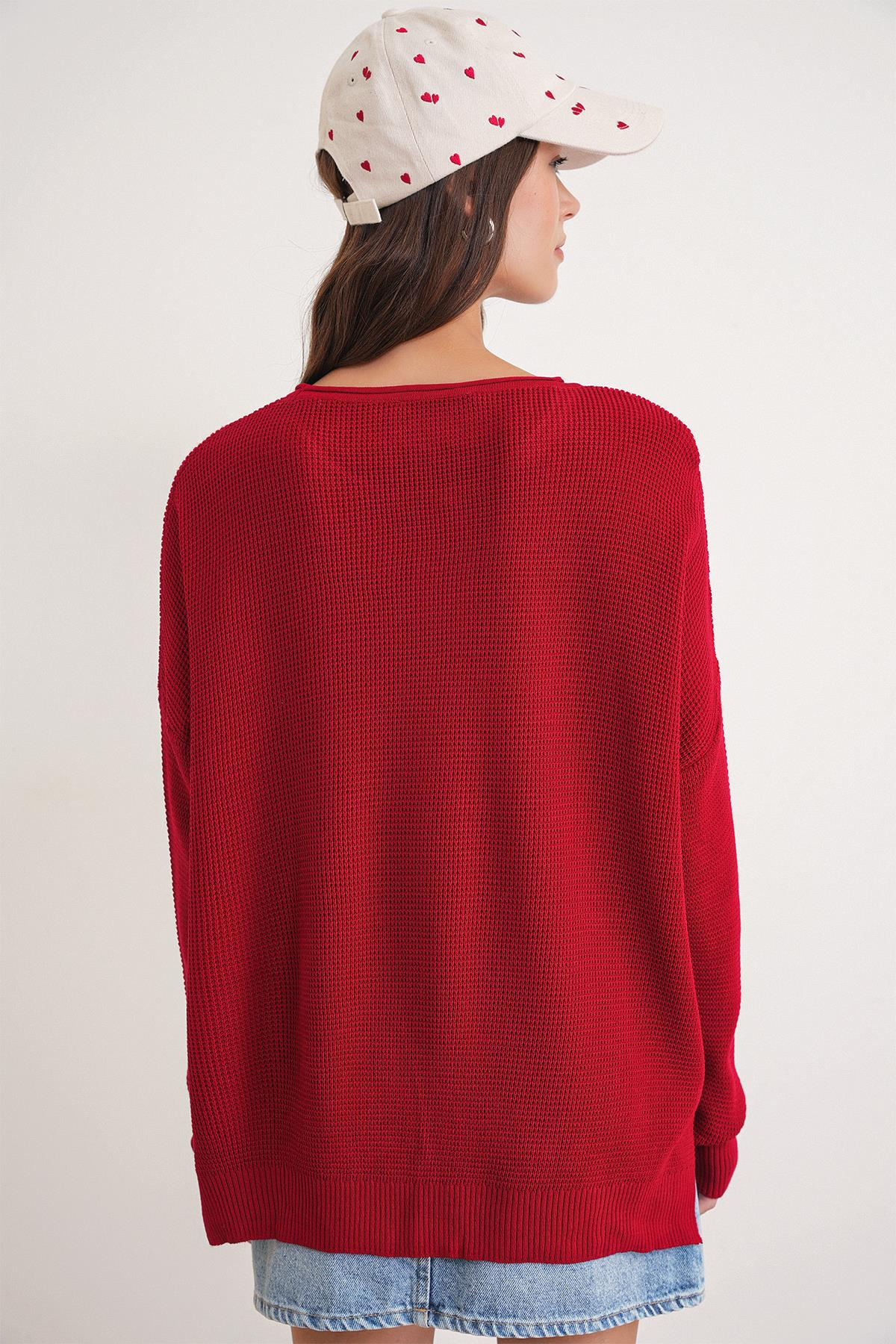 6183 Kadın Nopeli Oversize Selanik Triko Hırka Kırmızı