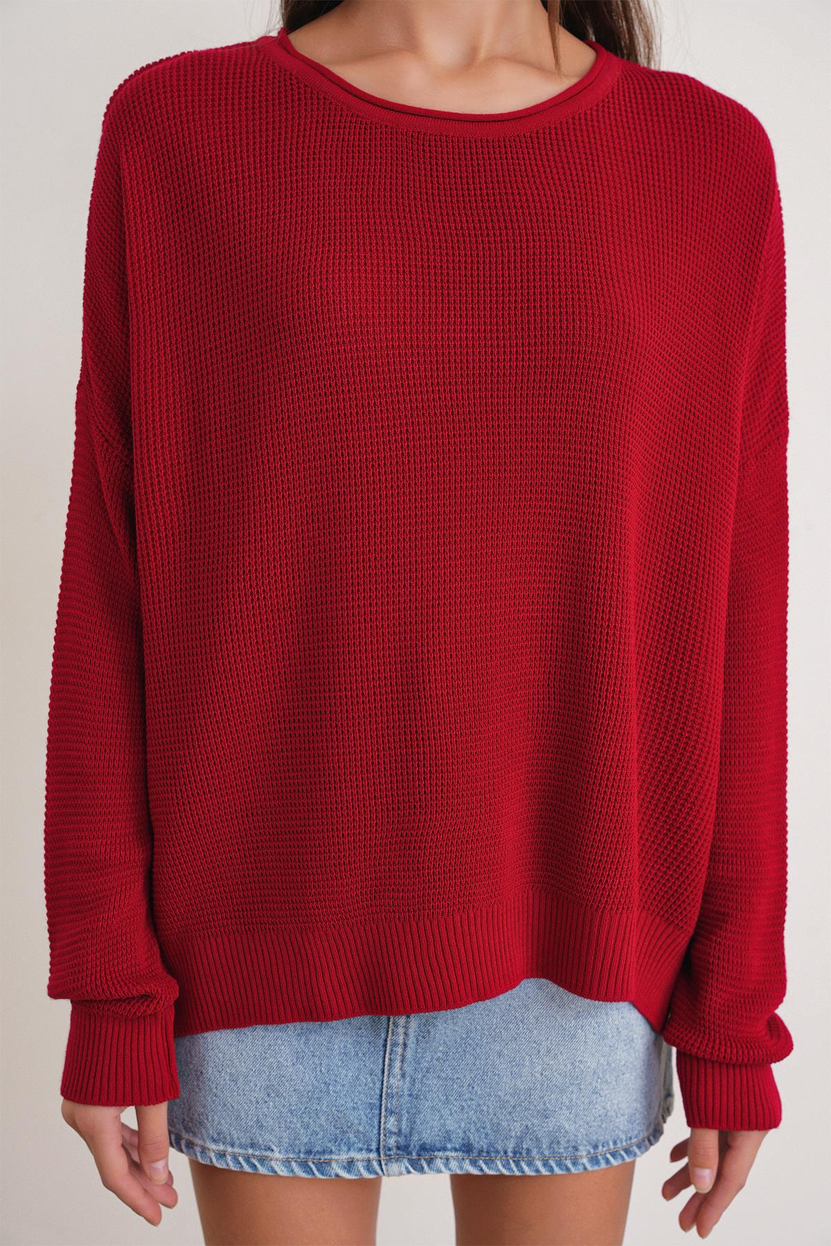 6183 Kadın Nopeli Oversize Selanik Triko Hırka Kırmızı