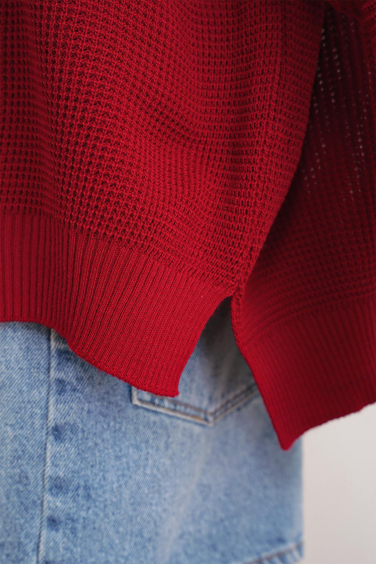 6183 Kadın Nopeli Oversize Selanik Triko Hırka Kırmızı