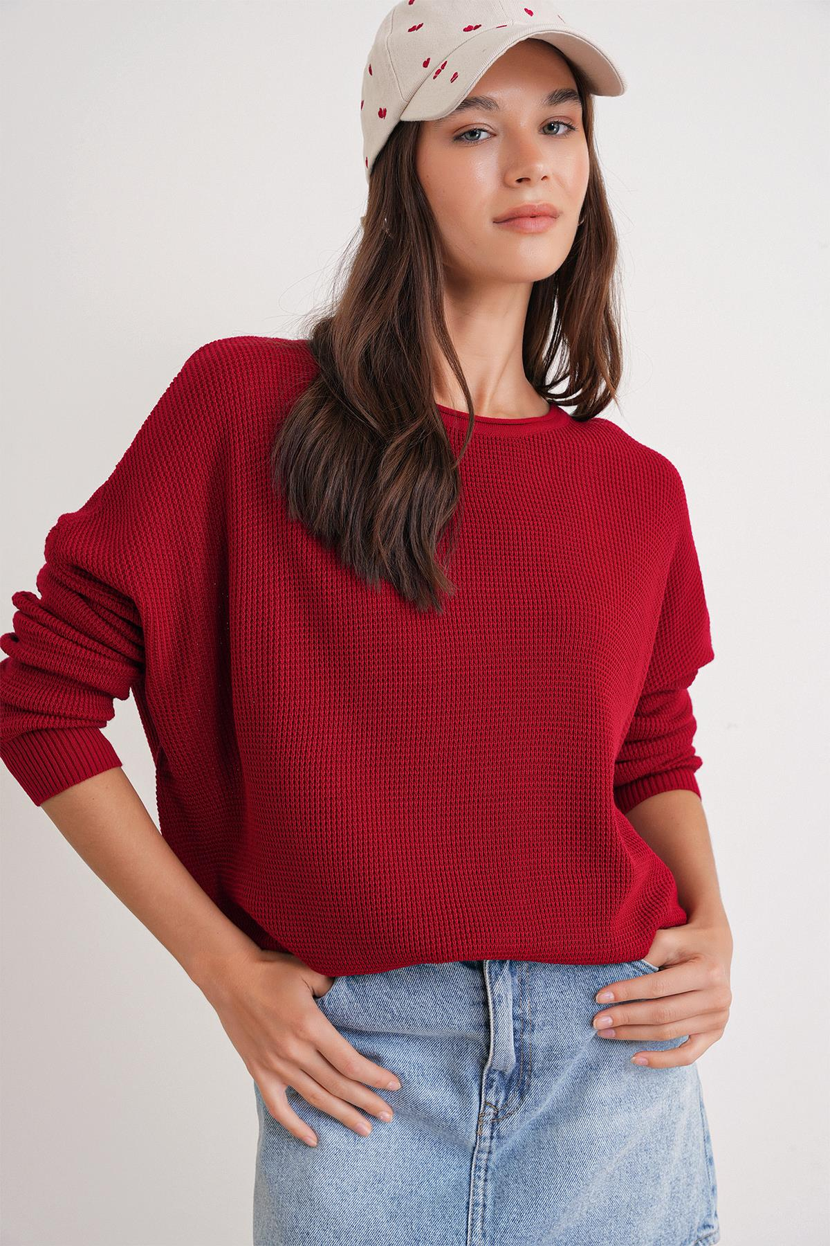 6183 Kadın Nopeli Oversize Selanik Triko Hırka Kırmızı