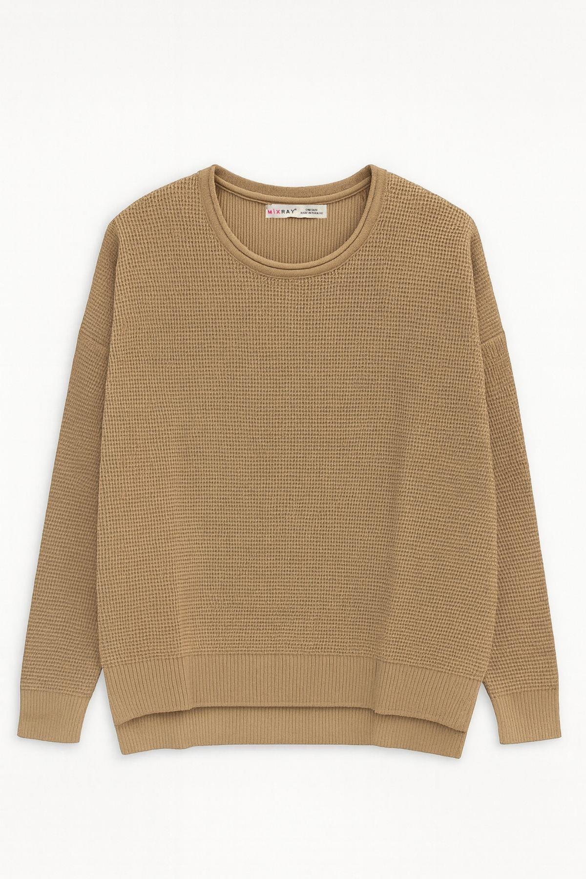 6183 Kadın Nopeli Oversize Triko İnce Kazak Karamel