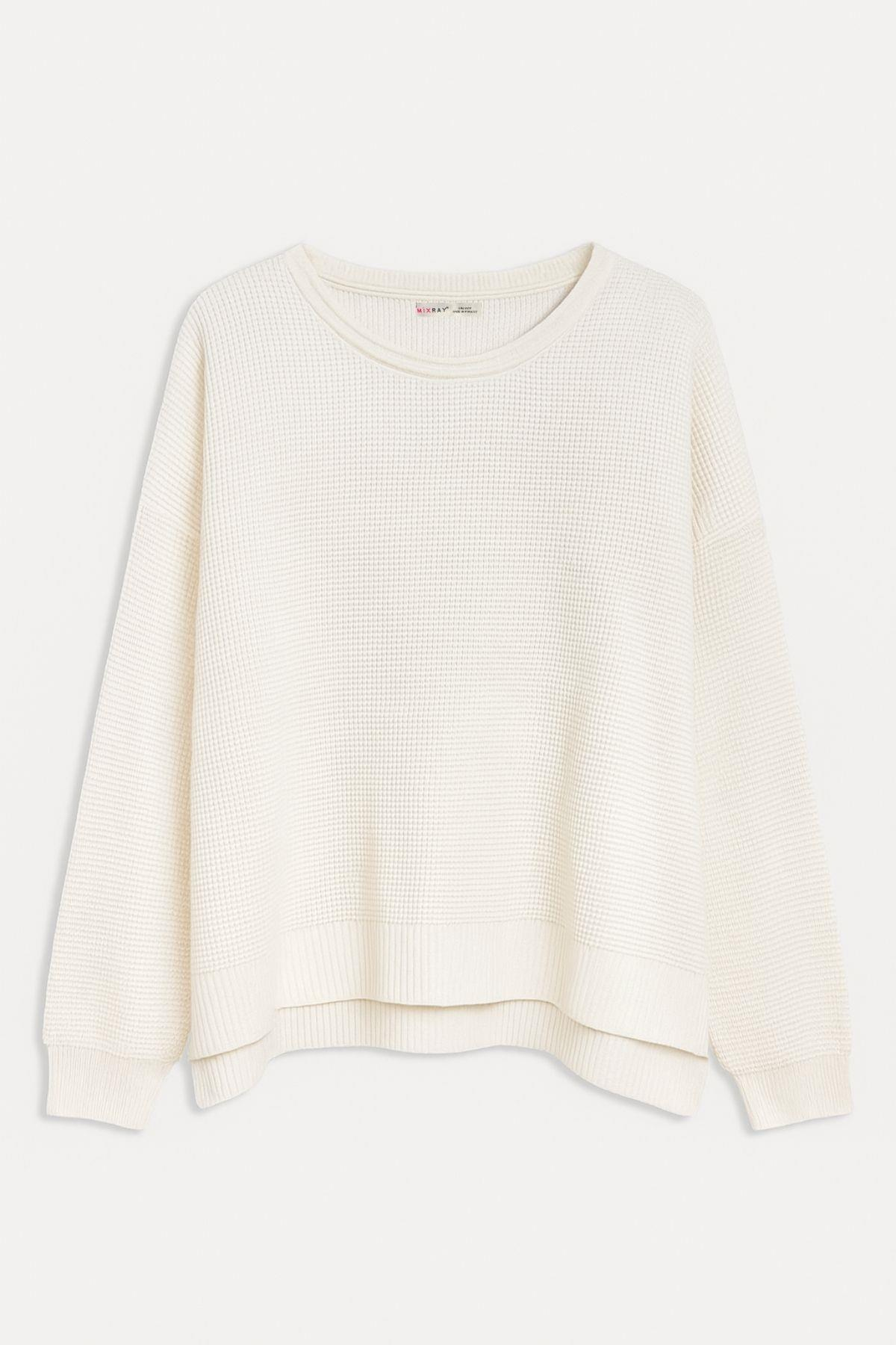 6183 Kadın Nopeli Oversize Triko İnce Kazak Vanilya