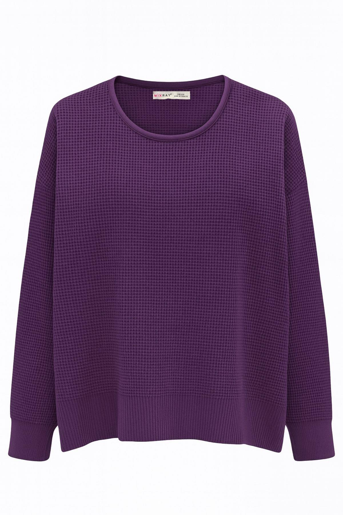 6183 Kadın Nopeli Oversize Triko İnce Kazak Mor