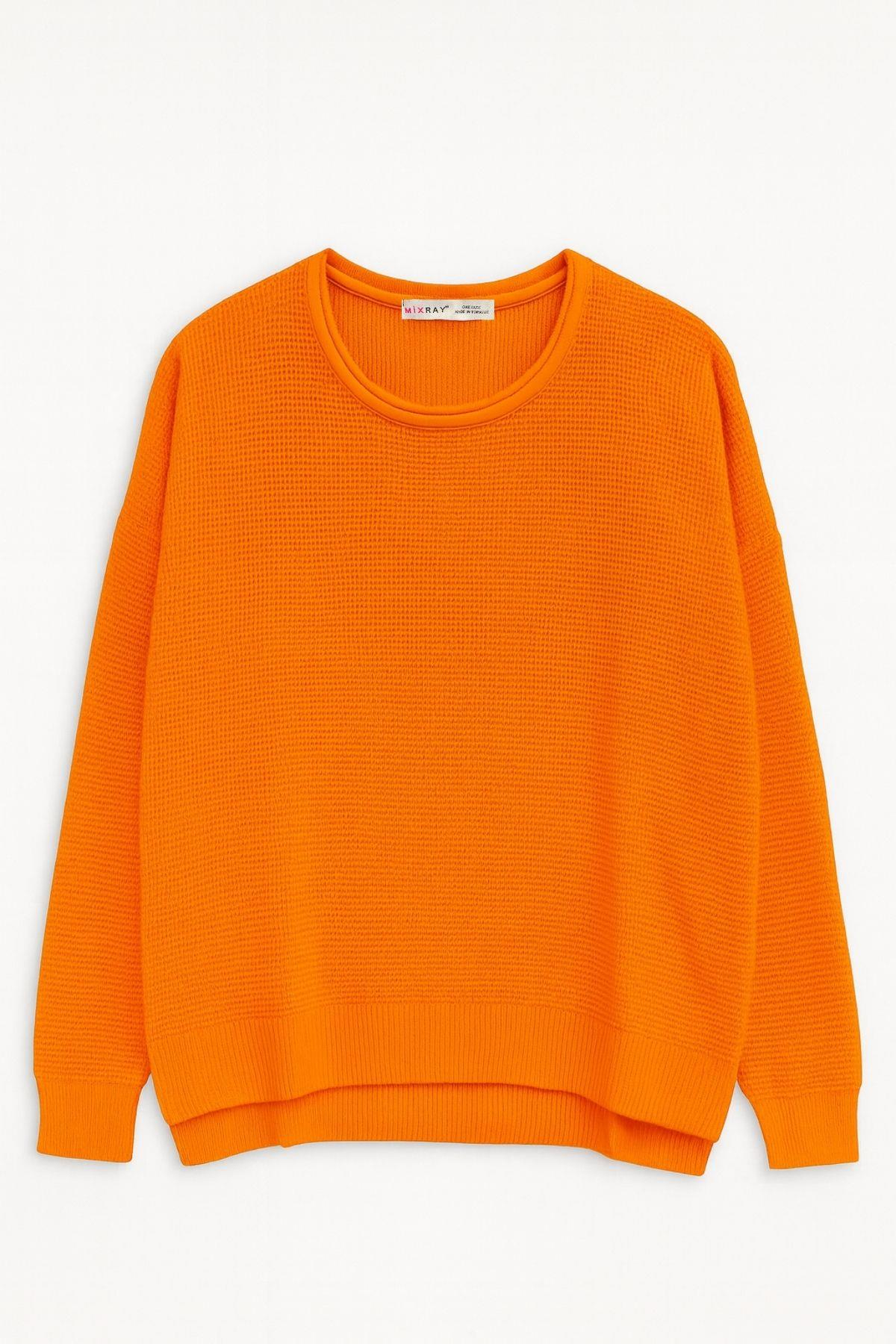 6183 Kadın Nopeli Oversize Triko İnce Kazak Oranj