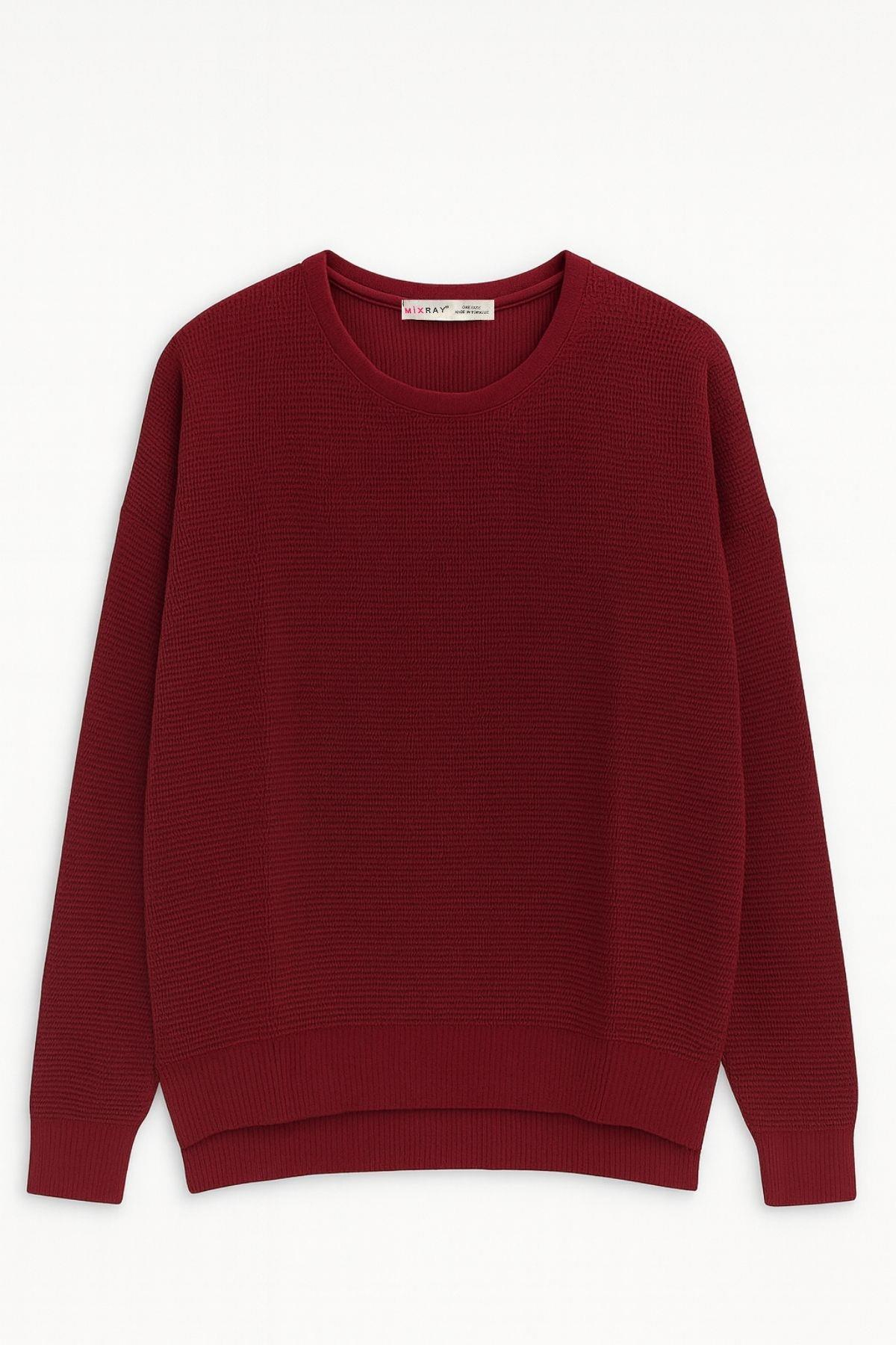 6183 Kadın Nopeli Oversize Triko İnce Kazak Bordo