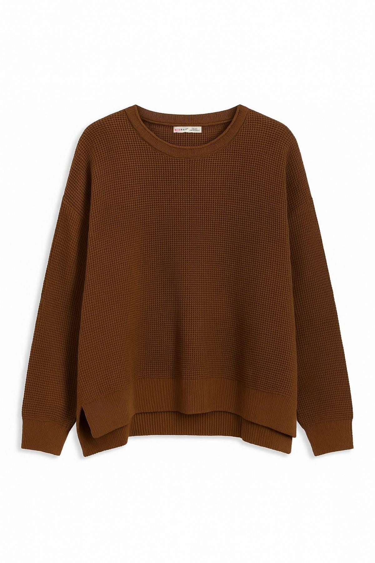 6183 Kadın Nopeli Oversize Triko İnce Kazak Kahve