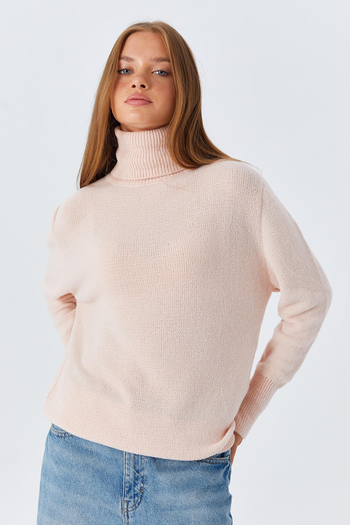 6278 Kadın Sakallı Balıkçı Triko Kazak Pudra