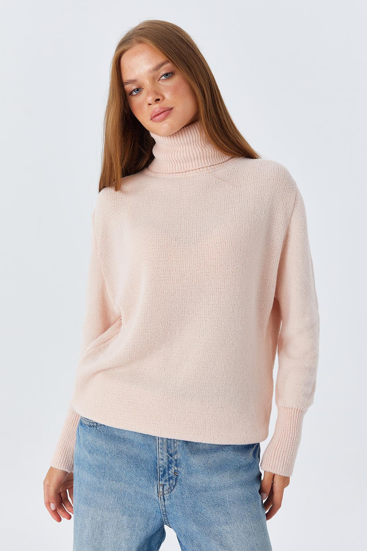 6278 Kadın Sakallı Balıkçı Triko Kazak Pudra