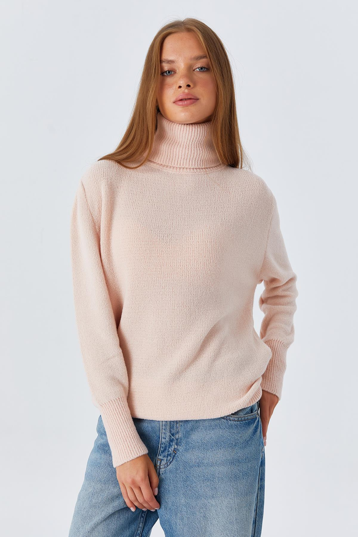 6278 Kadın Sakallı Balıkçı Triko Kazak Pudra