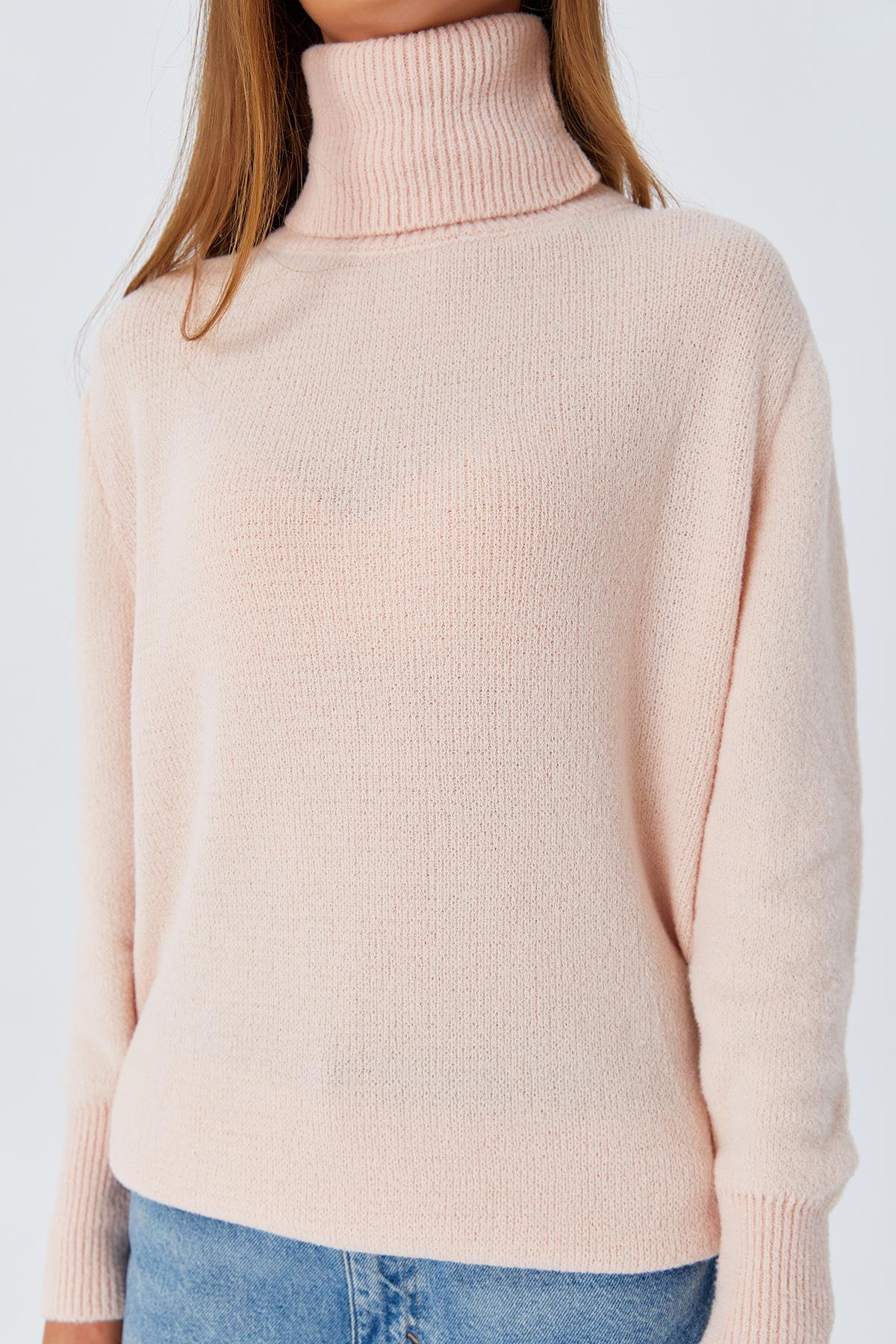 6278 Kadın Sakallı Balıkçı Triko Kazak Pudra