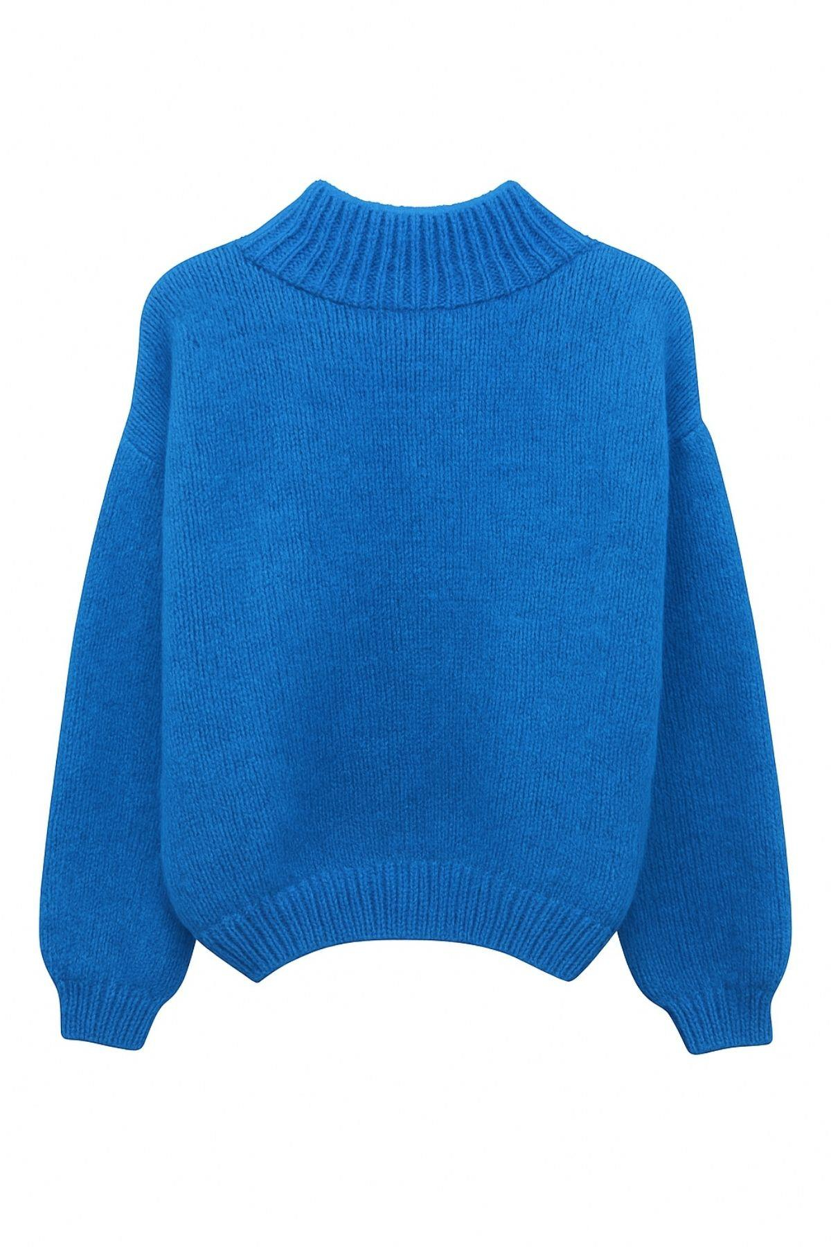6700 Kadın Dik Yaka Balon Triko Kazak Turkuaz