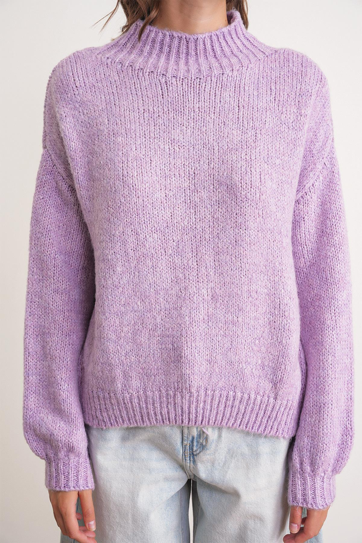 6700 Kadın Dik Yaka Balon Triko Kazak Lila