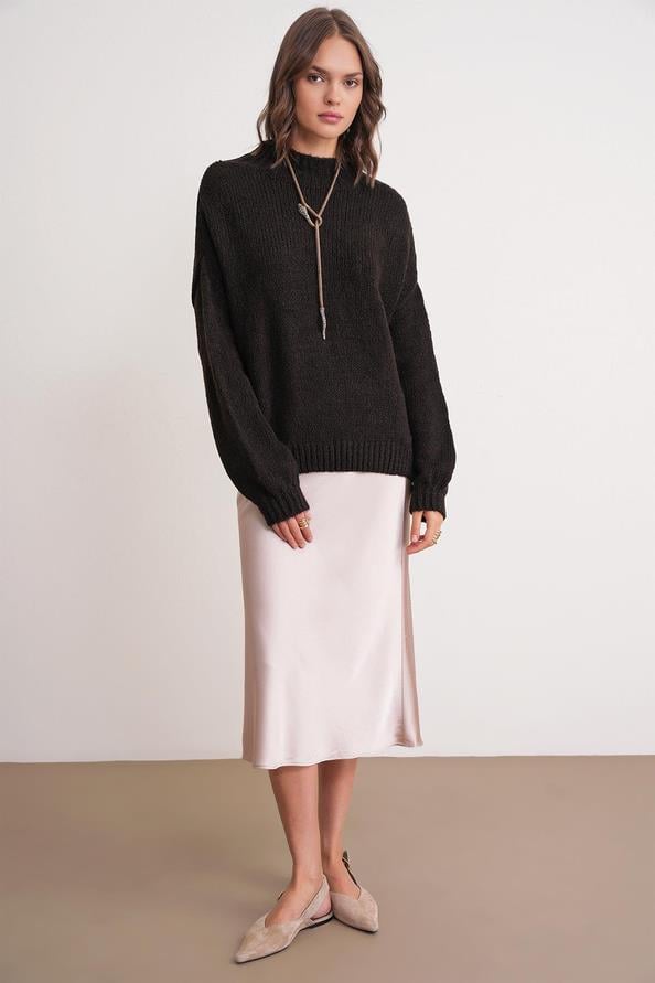 6700 Kadın Dik Yaka Balon Triko Kazak Kahve