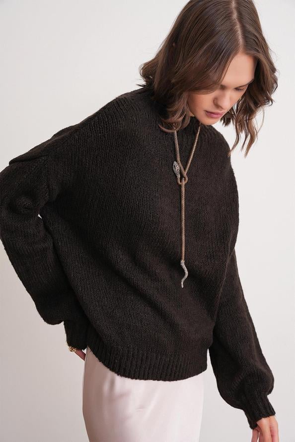 6700 Kadın Dik Yaka Balon Triko Kazak Kahve