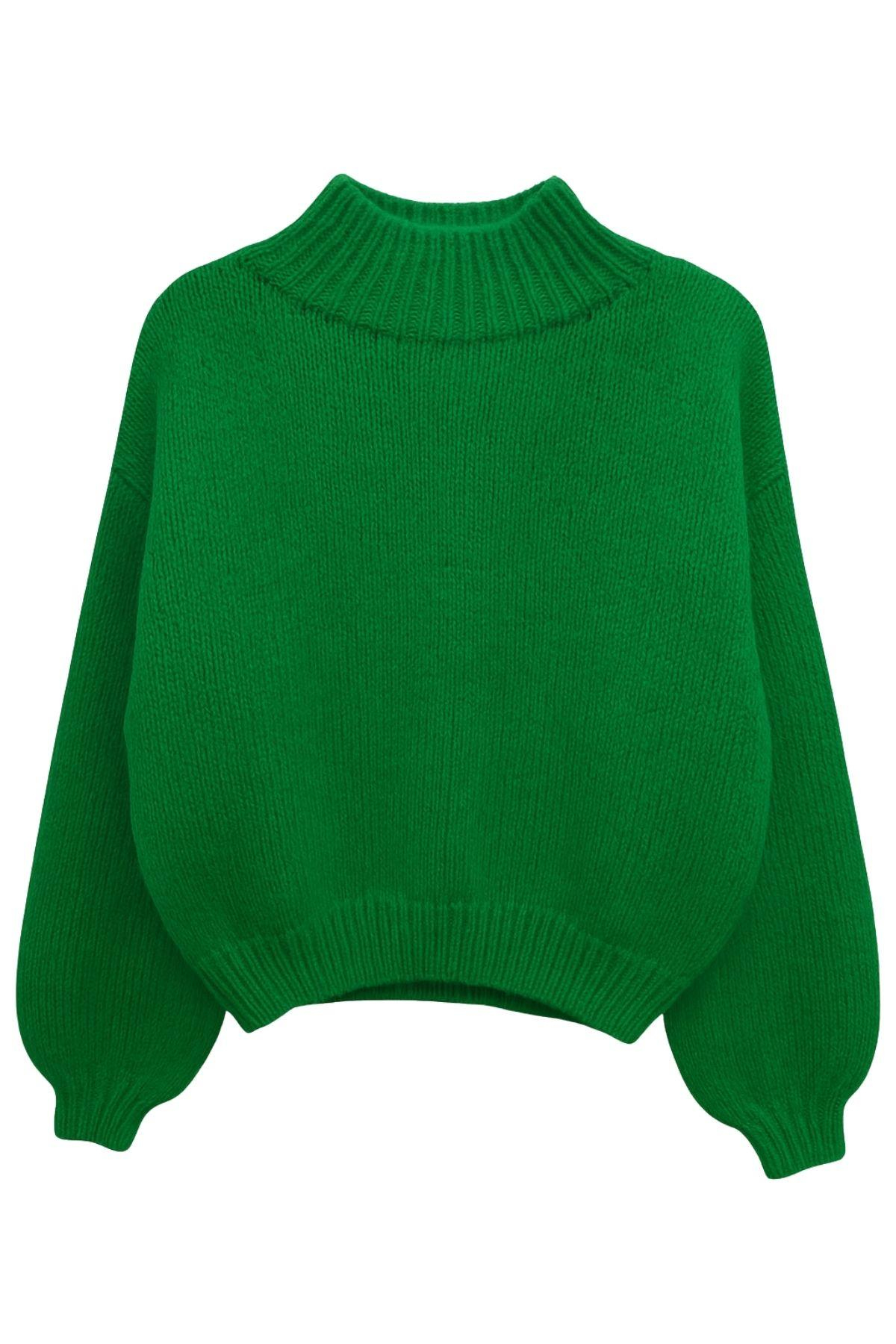 6700 Kadın Dik Yaka Balon Triko Kazak Yeşil