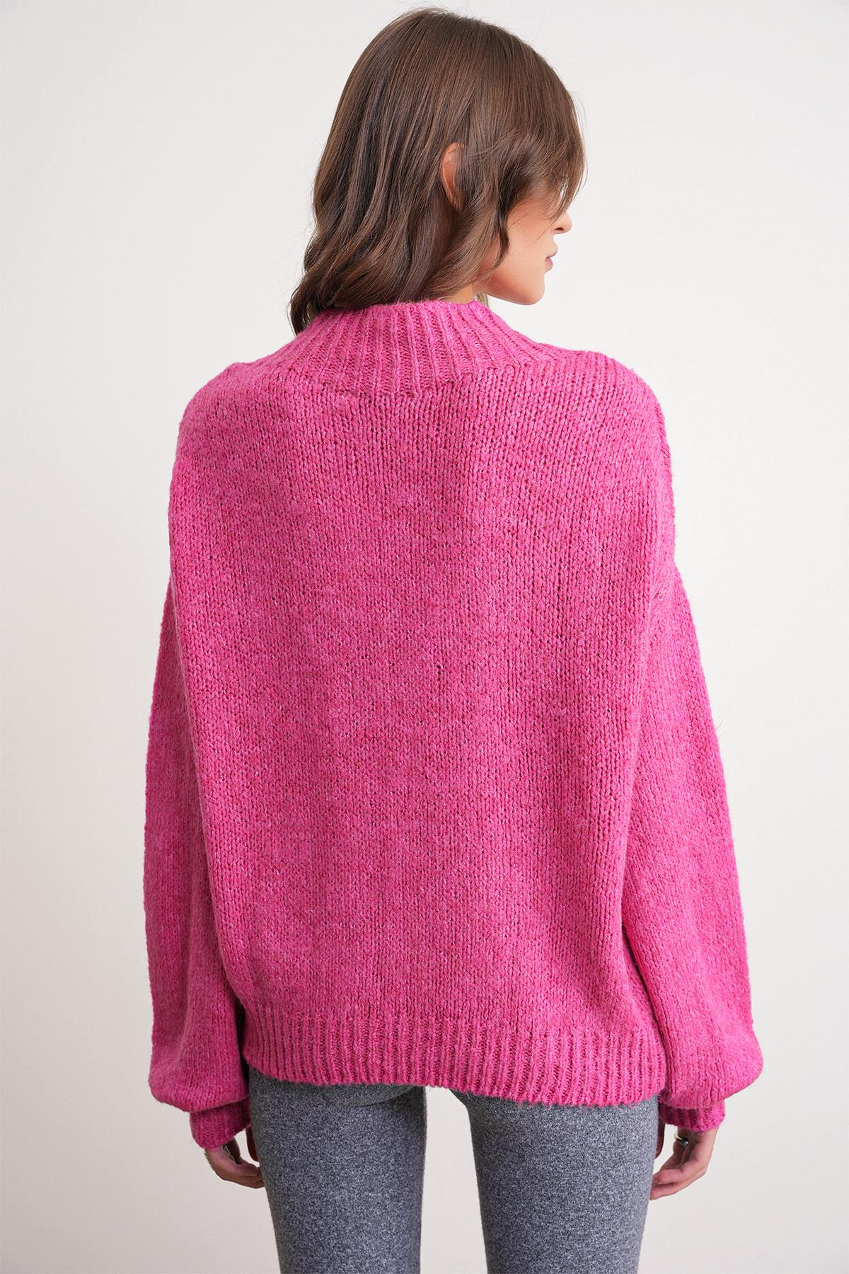6700 Kadın Dik Yaka Balon Triko Kazak Fuşya