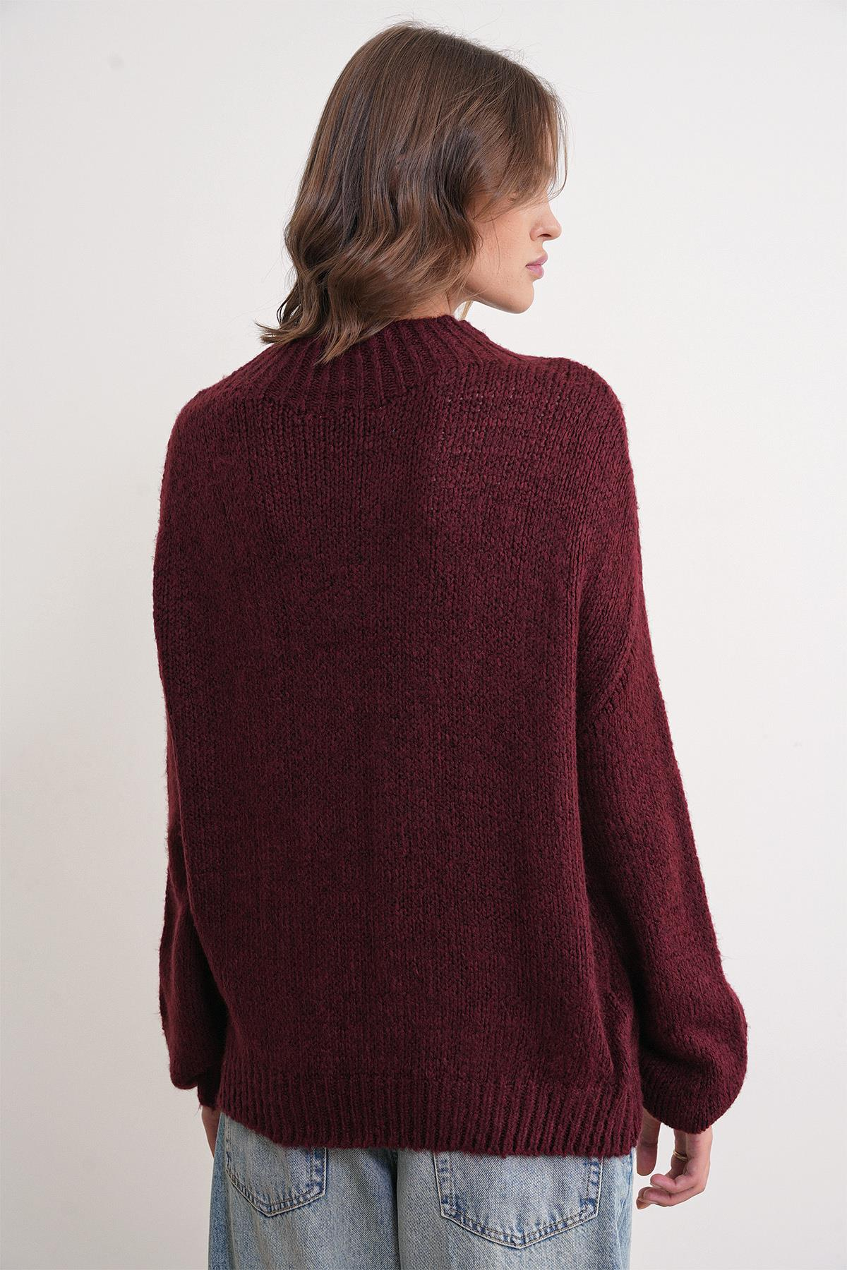 6700 Kadın Dik Yaka Balon Triko Kazak Bordo