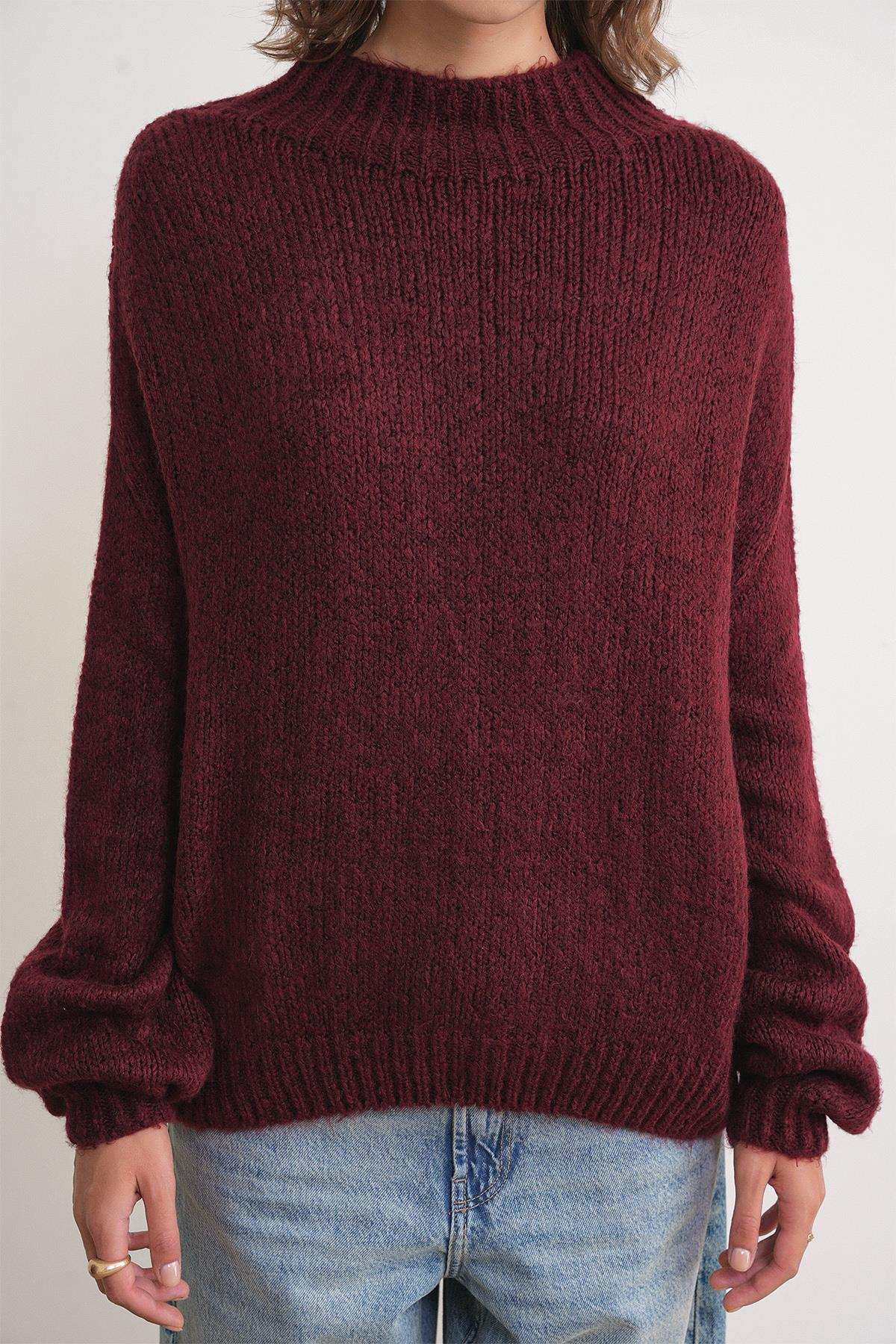 6700 Kadın Dik Yaka Balon Triko Kazak Bordo