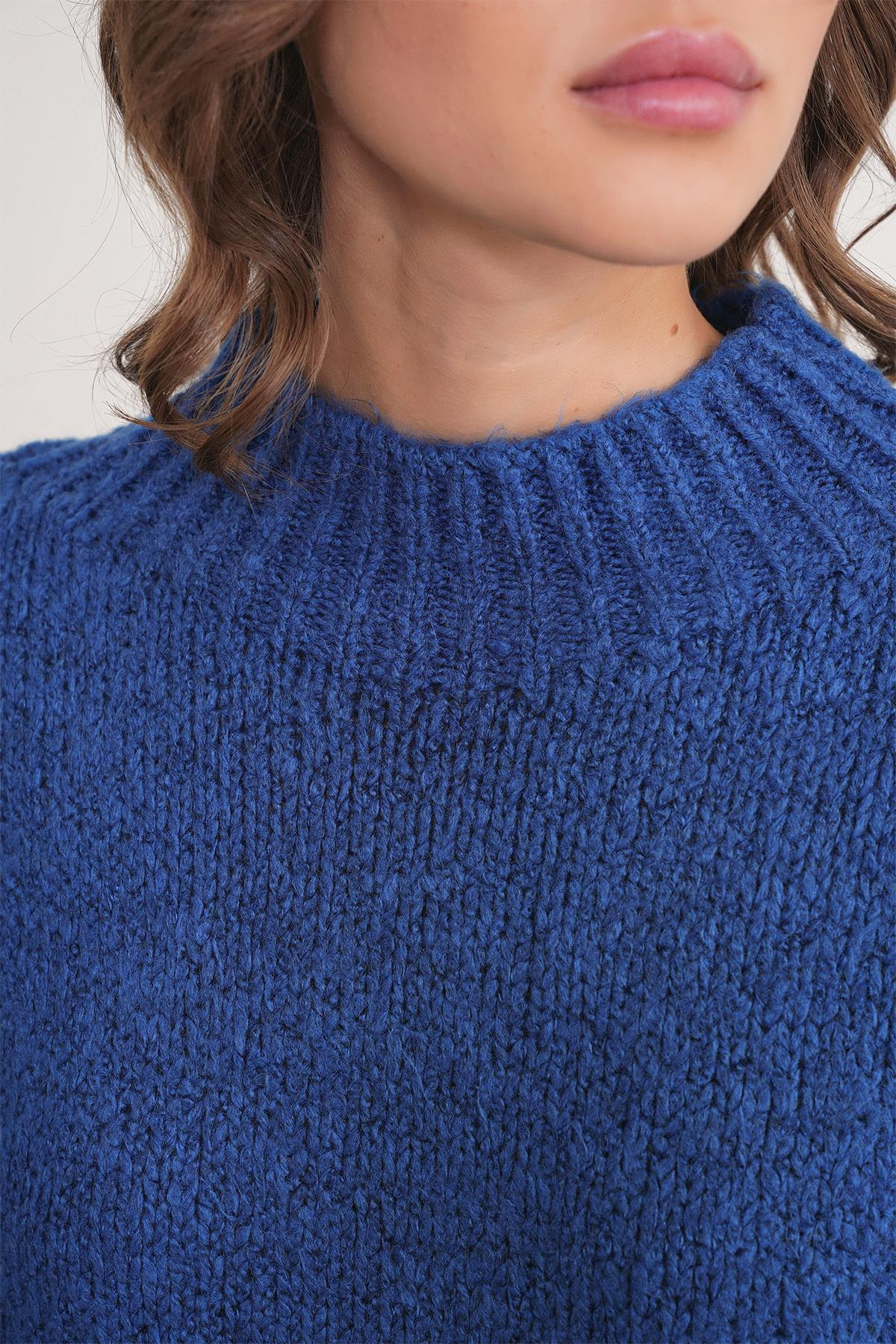 6700 Kadın Dik Yaka Balon Triko Kazak İndigo