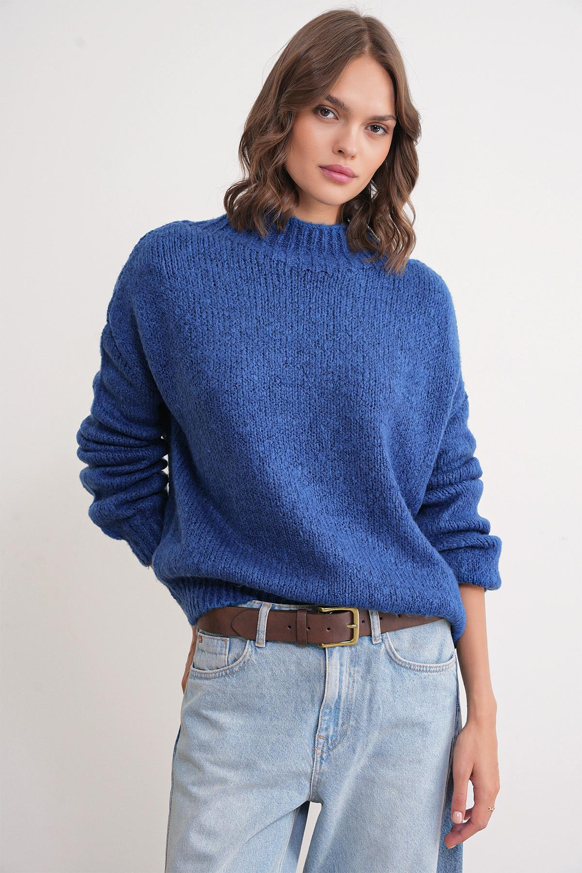 6700 Kadın Dik Yaka Balon Triko Kazak İndigo