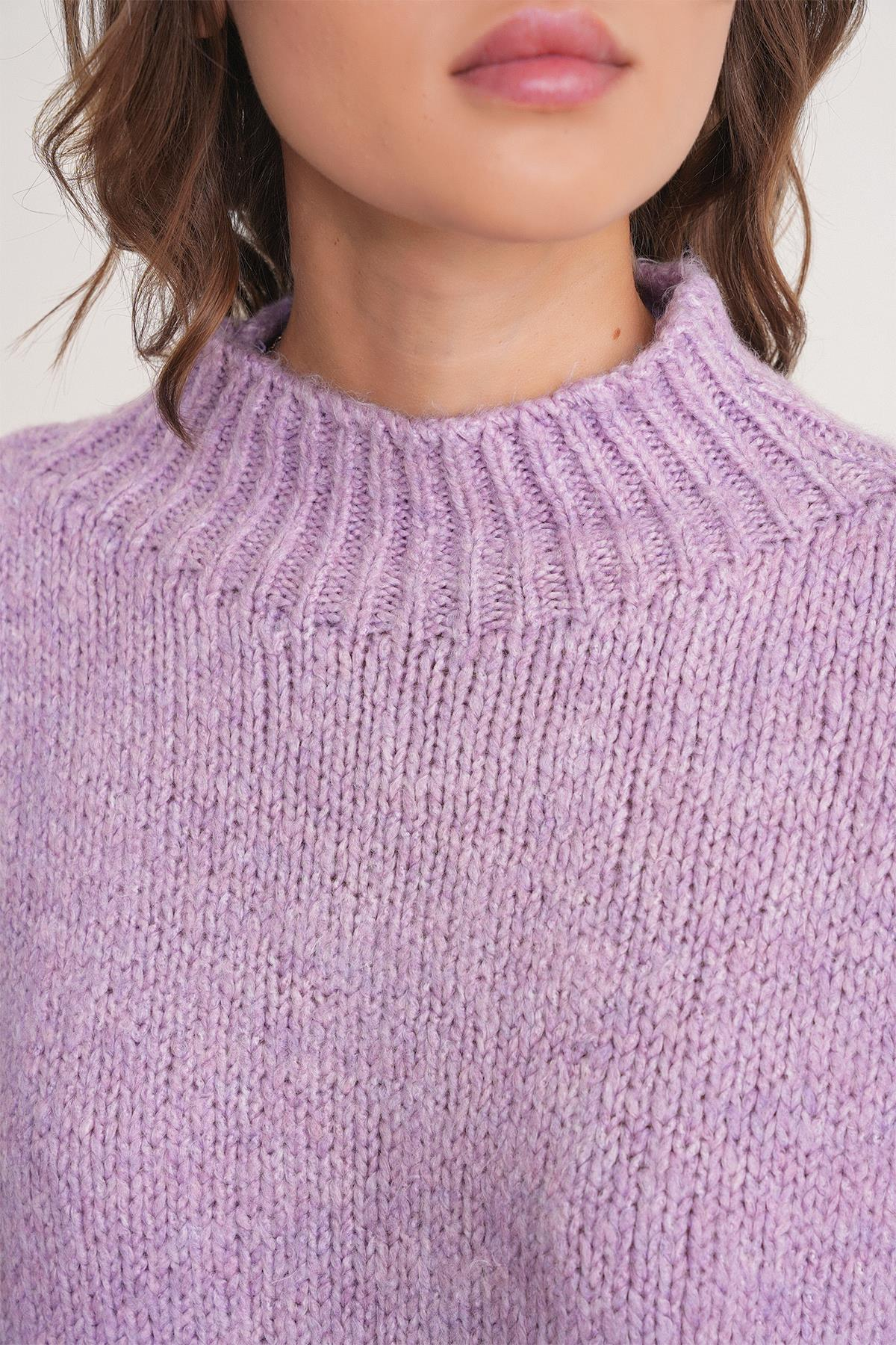 6700 Kadın Dik Yaka Balon Triko Kazak Lila