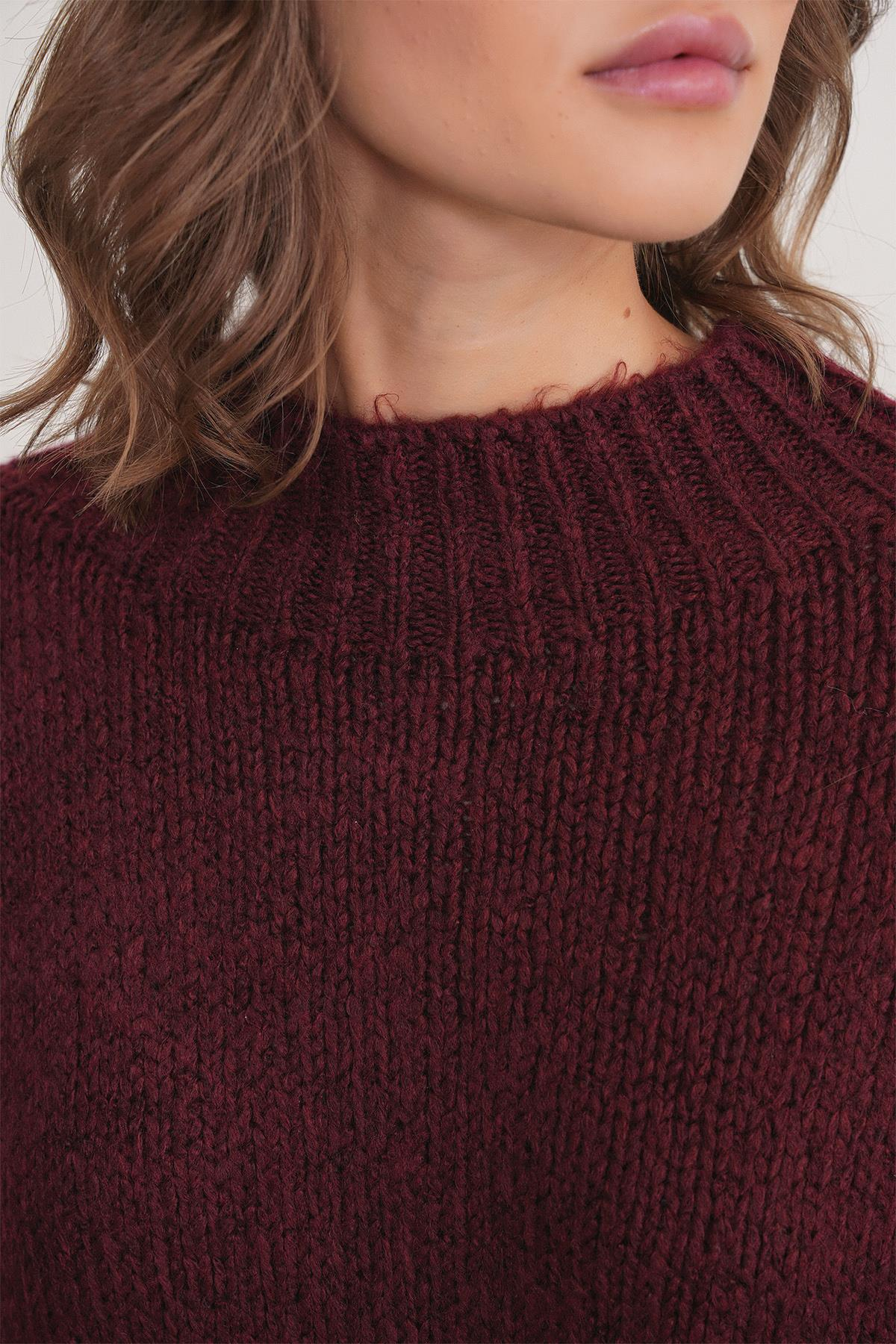 6700 Kadın Dik Yaka Balon Triko Kazak Bordo
