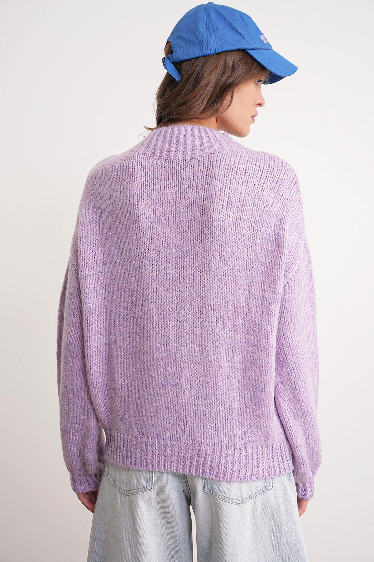 6700 Kadın Dik Yaka Balon Triko Kazak Lila