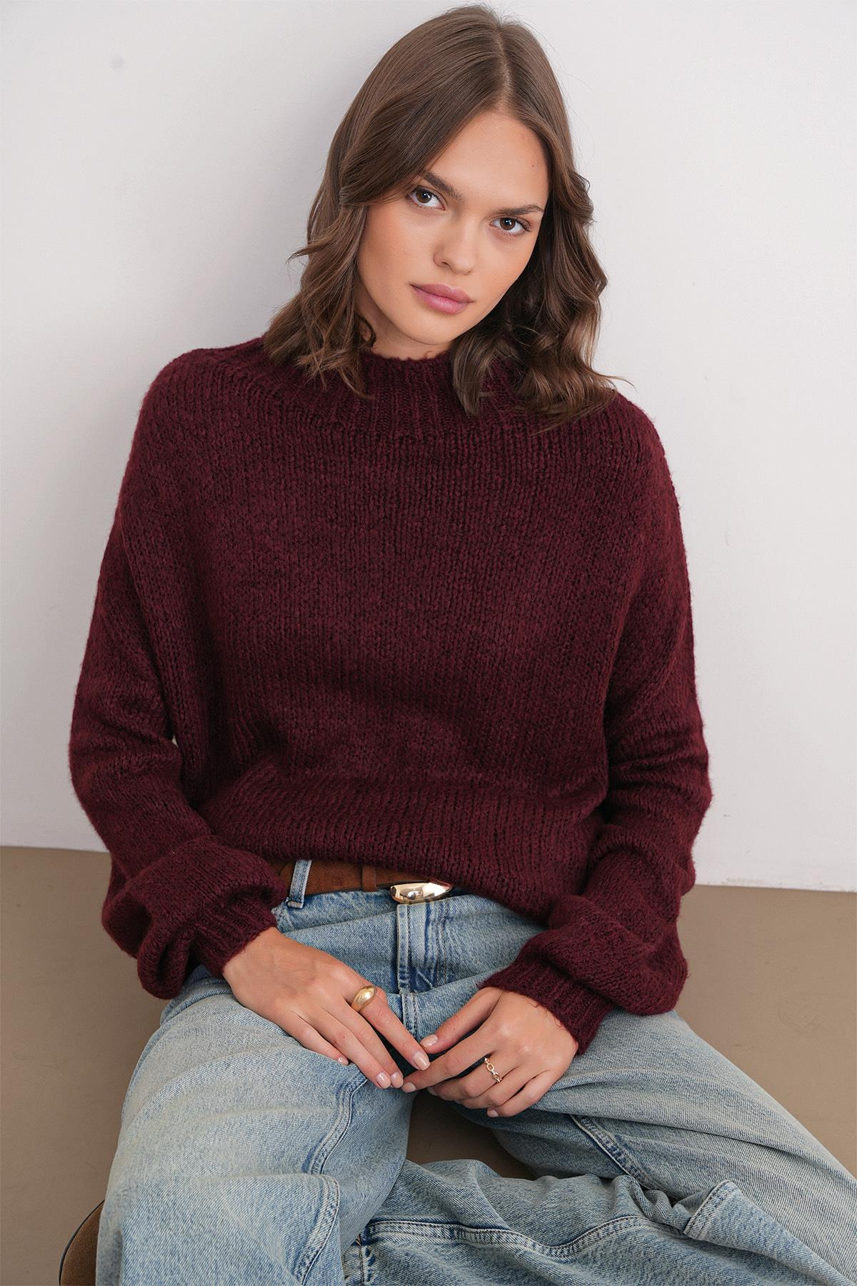 6700 Kadın Dik Yaka Balon Triko Kazak Bordo