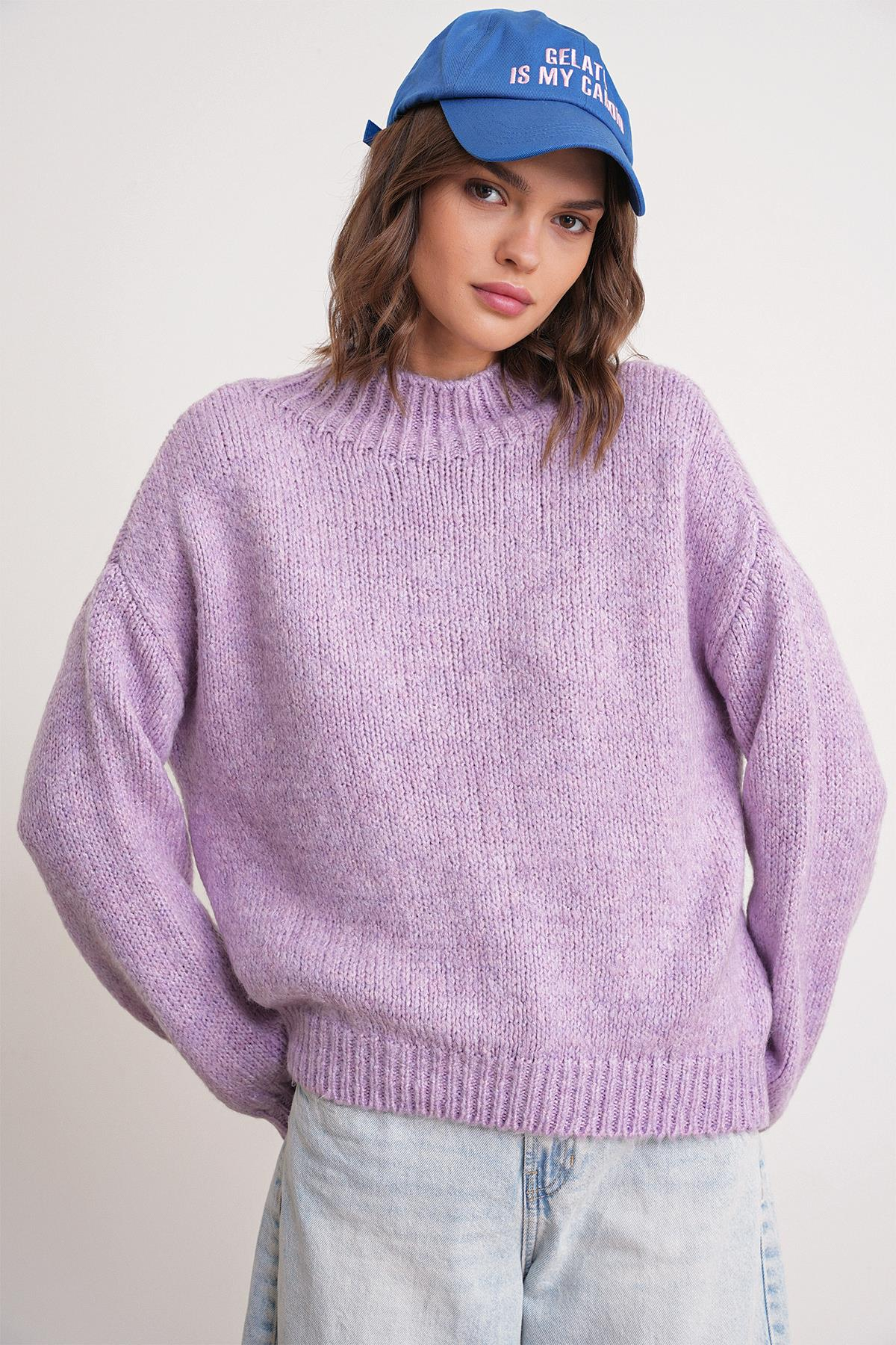 6700 Kadın Dik Yaka Balon Triko Kazak Lila