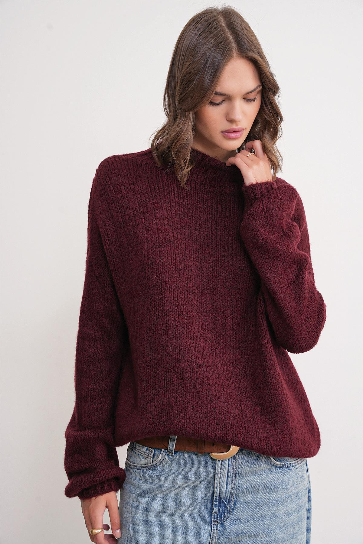 6700 Kadın Dik Yaka Balon Triko Kazak Bordo