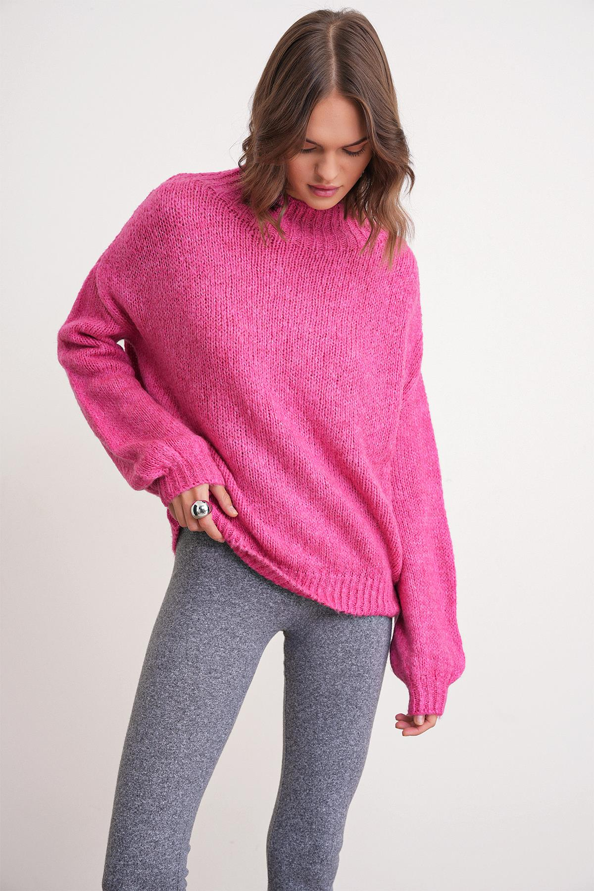 6700 Kadın Dik Yaka Balon Triko Kazak Fuşya