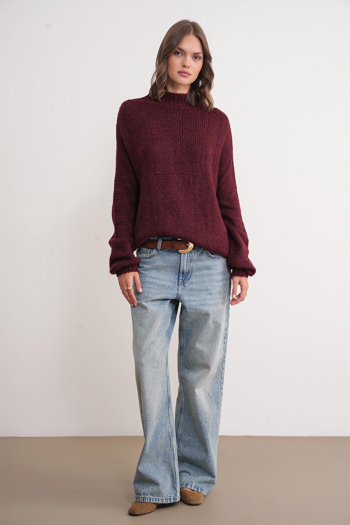 6700 Kadın Dik Yaka Balon Triko Kazak Bordo