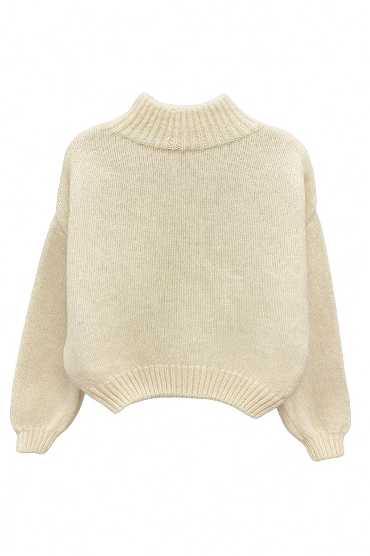 6700 Kadın Dik Yaka Balon Triko Kazak Naturel