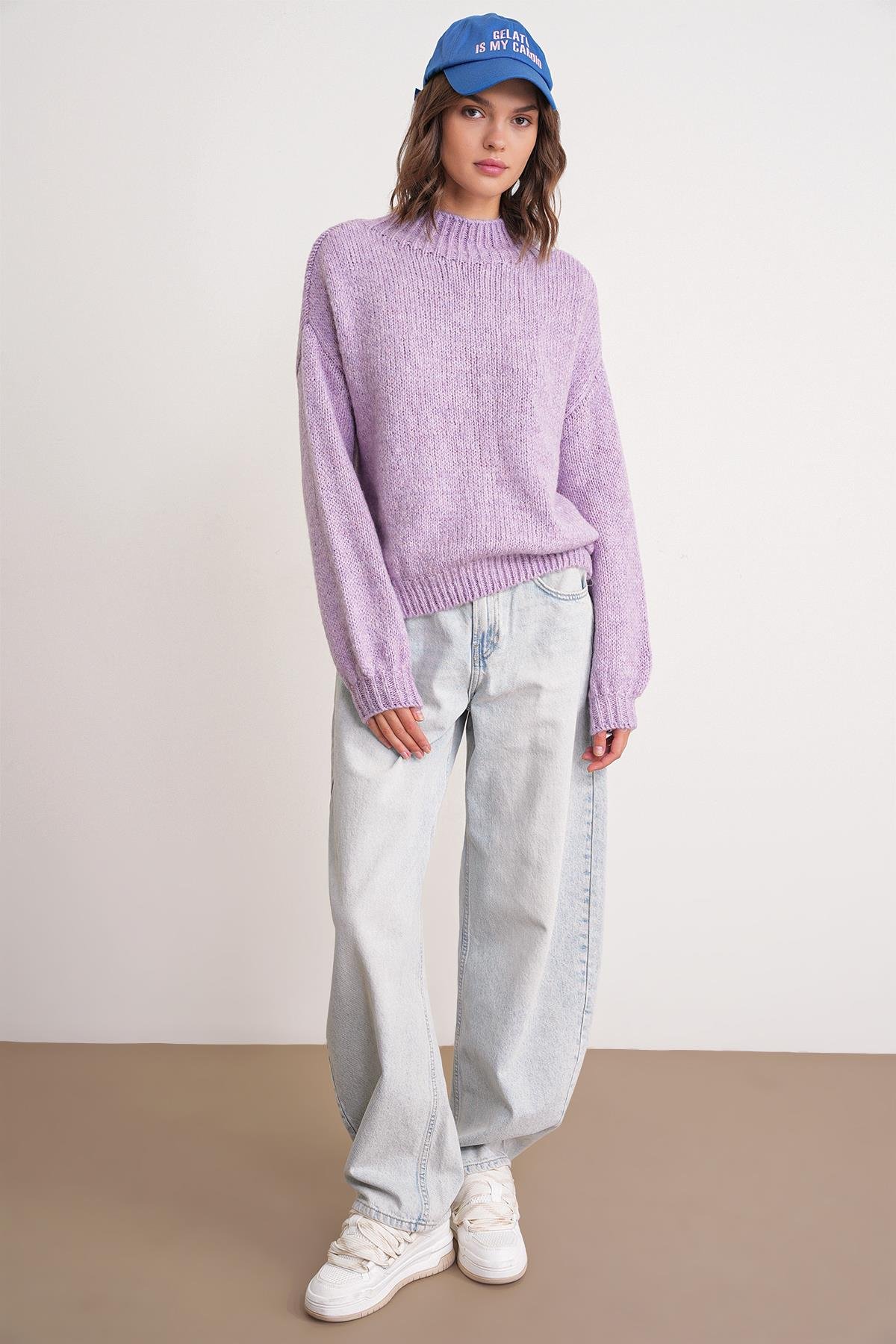 6700 Kadın Dik Yaka Balon Triko Kazak Lila