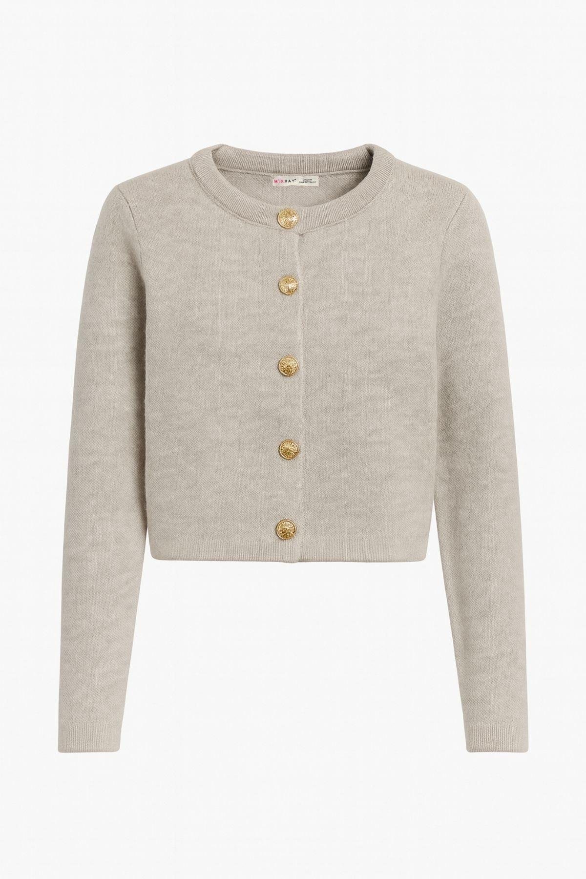 6722 Kadın Gold Düğmeli Basic Pike Triko Hırka Taş