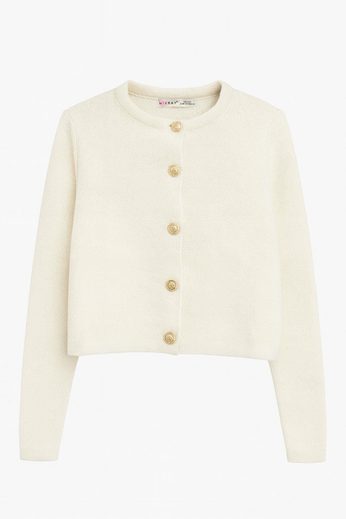 6722 Kadın Gold Düğmeli Basic Pike Triko Hırka Naturel