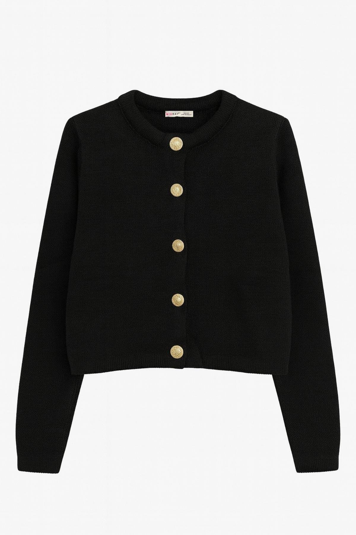 6722 Kadın Gold Düğmeli Basic Pike Triko Hırka Siyah