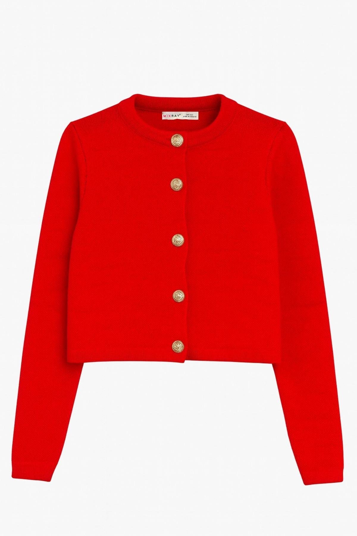 6722 Kadın Gold Düğmeli Basic Pike Triko Hırka Kırmızı