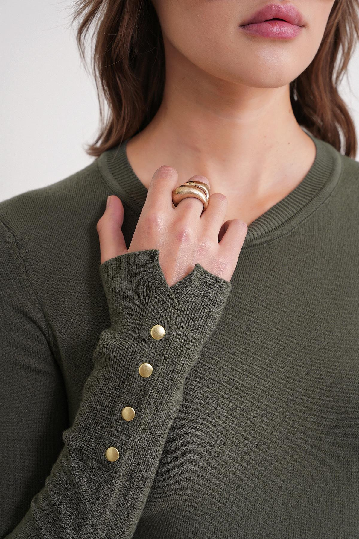 6736 Kadın Bisiklet Yaka Kolu Droplu Triko Kazak Haki