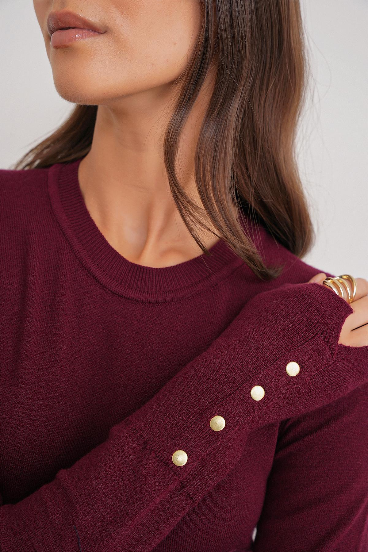 6736 Kadın Bisiklet Yaka Kolu Droplu Triko Kazak Bordo