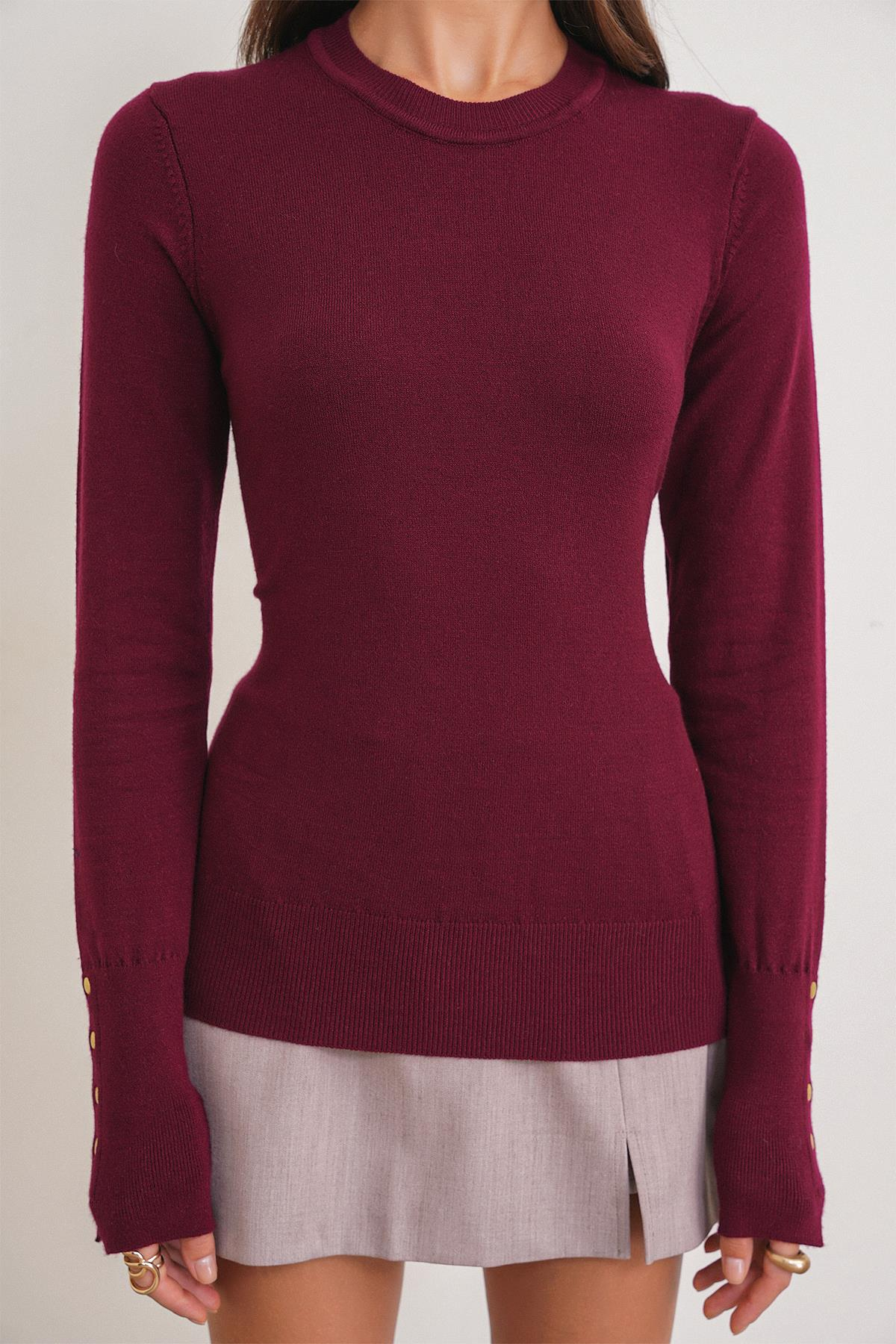 6736 Kadın Bisiklet Yaka Kolu Droplu Triko Kazak Bordo