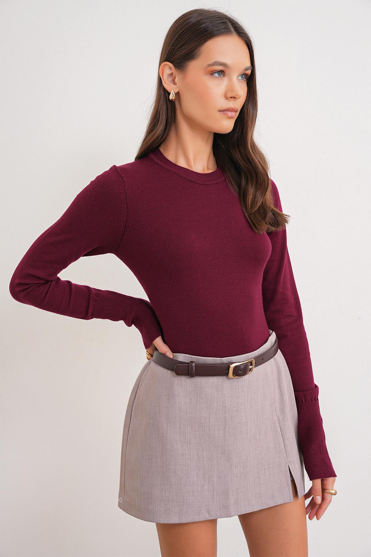 6736 Kadın Bisiklet Yaka Kolu Droplu Triko Kazak Bordo