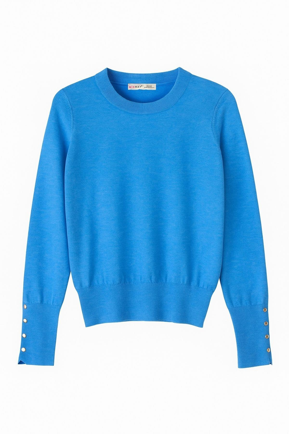 6736 Kadın Bisiklet Yaka Kolu Droplu Triko Kazak Koyu Mavi