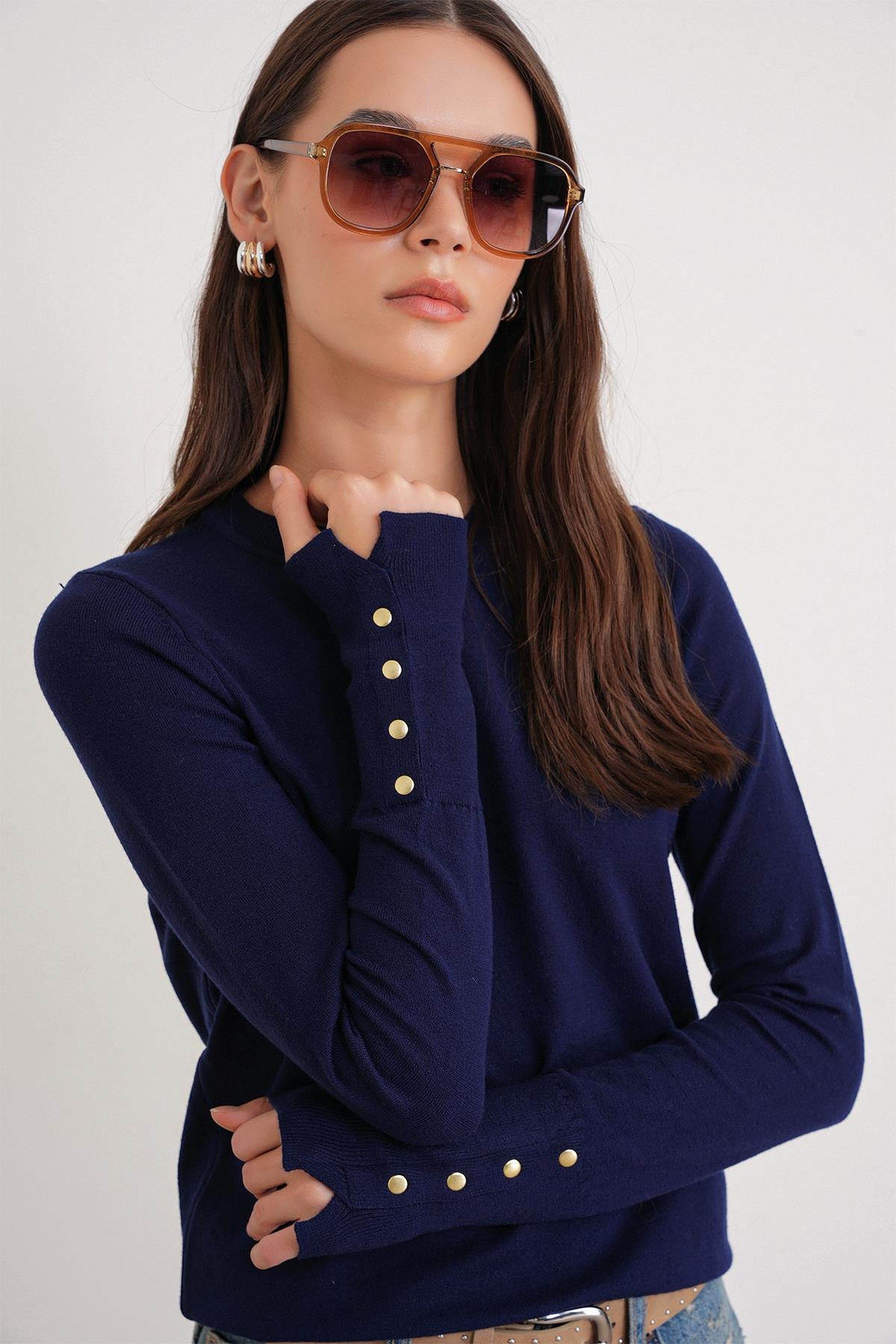 6736 Kadın Bisiklet Yaka Kolu Droplu Triko Kazak Lacivert