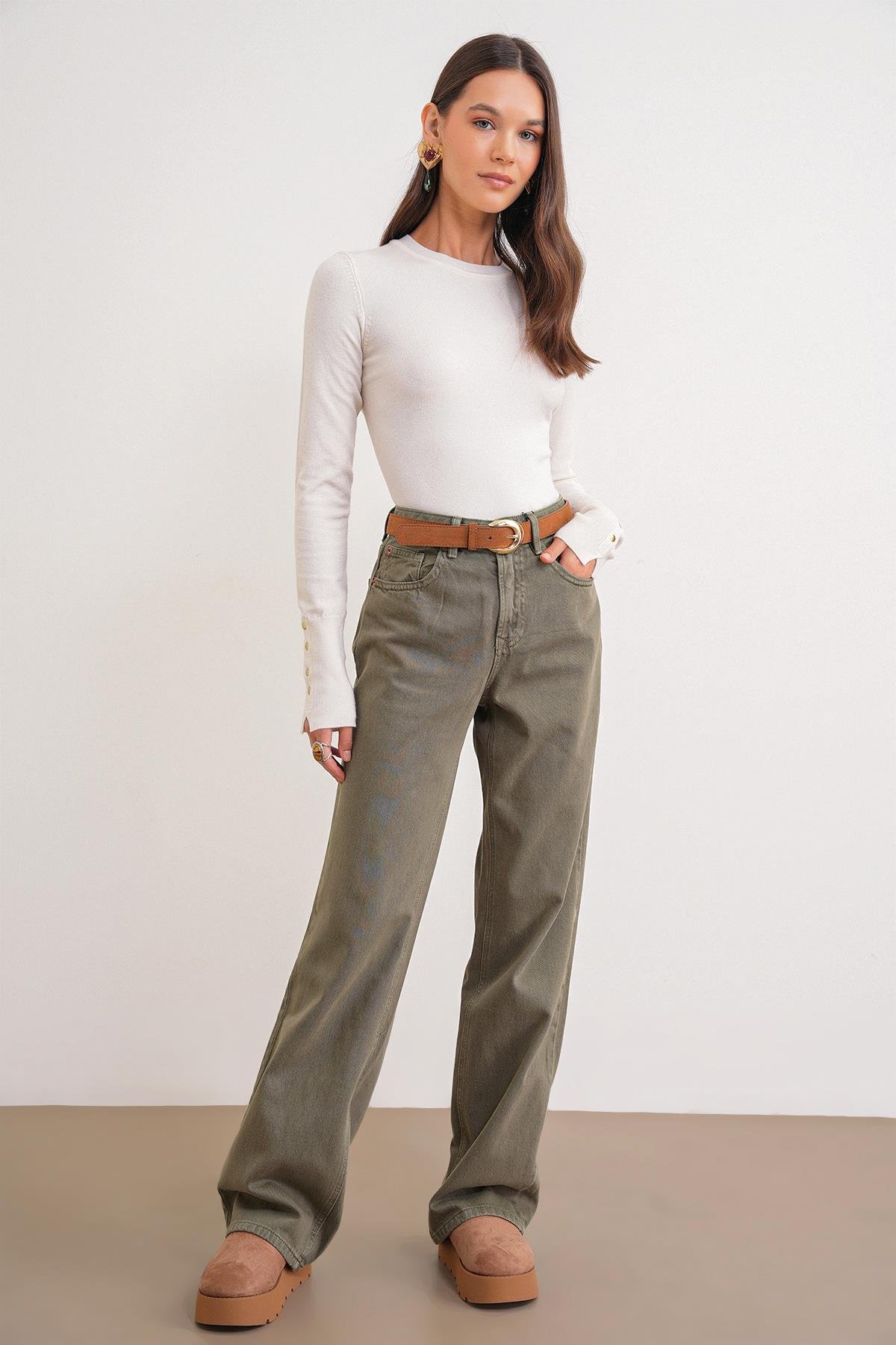 6736 Kadın Bisiklet Yaka Kolu Droplu Triko Kazak Naturel