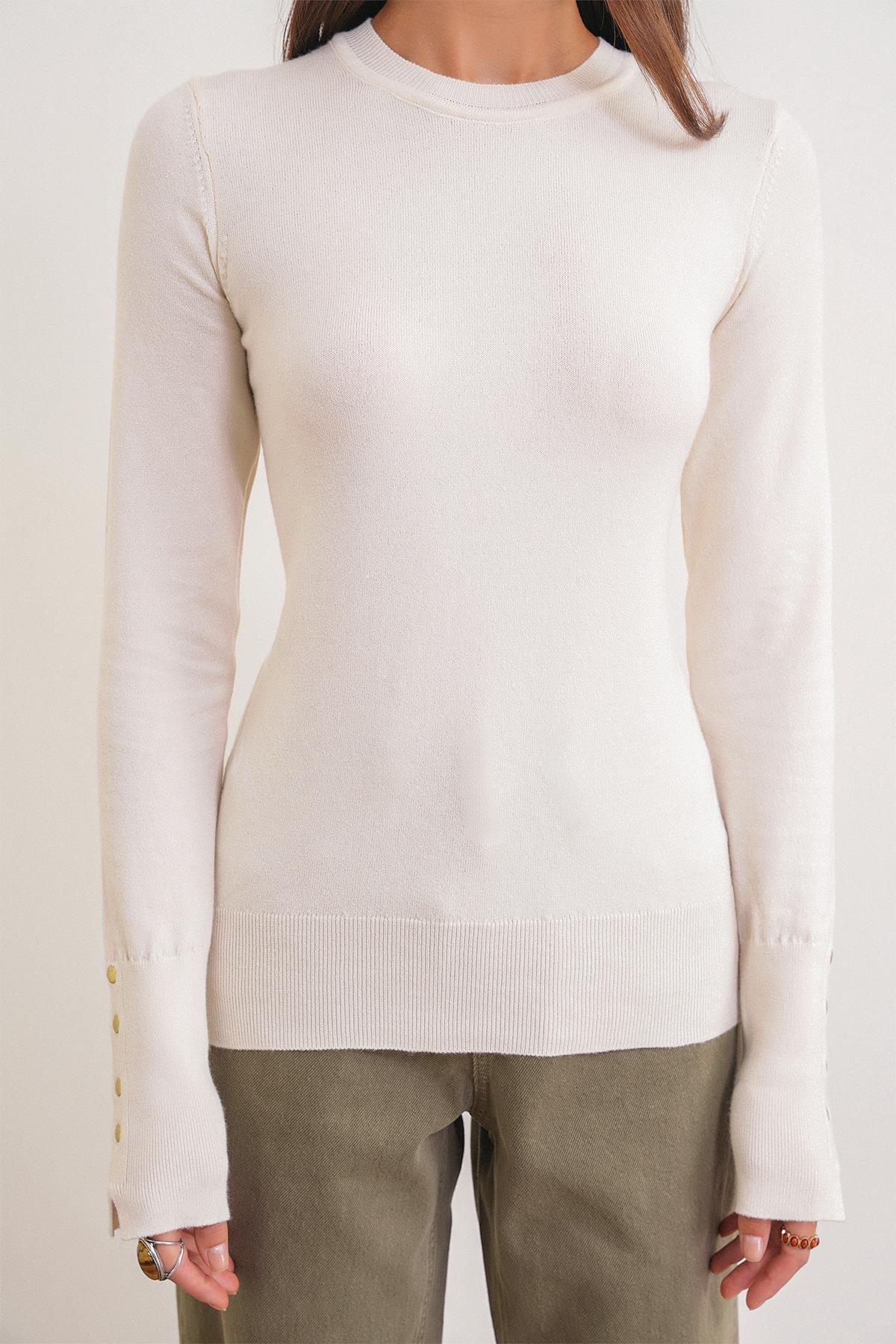 6736 Kadın Bisiklet Yaka Kolu Droplu Triko Kazak Naturel