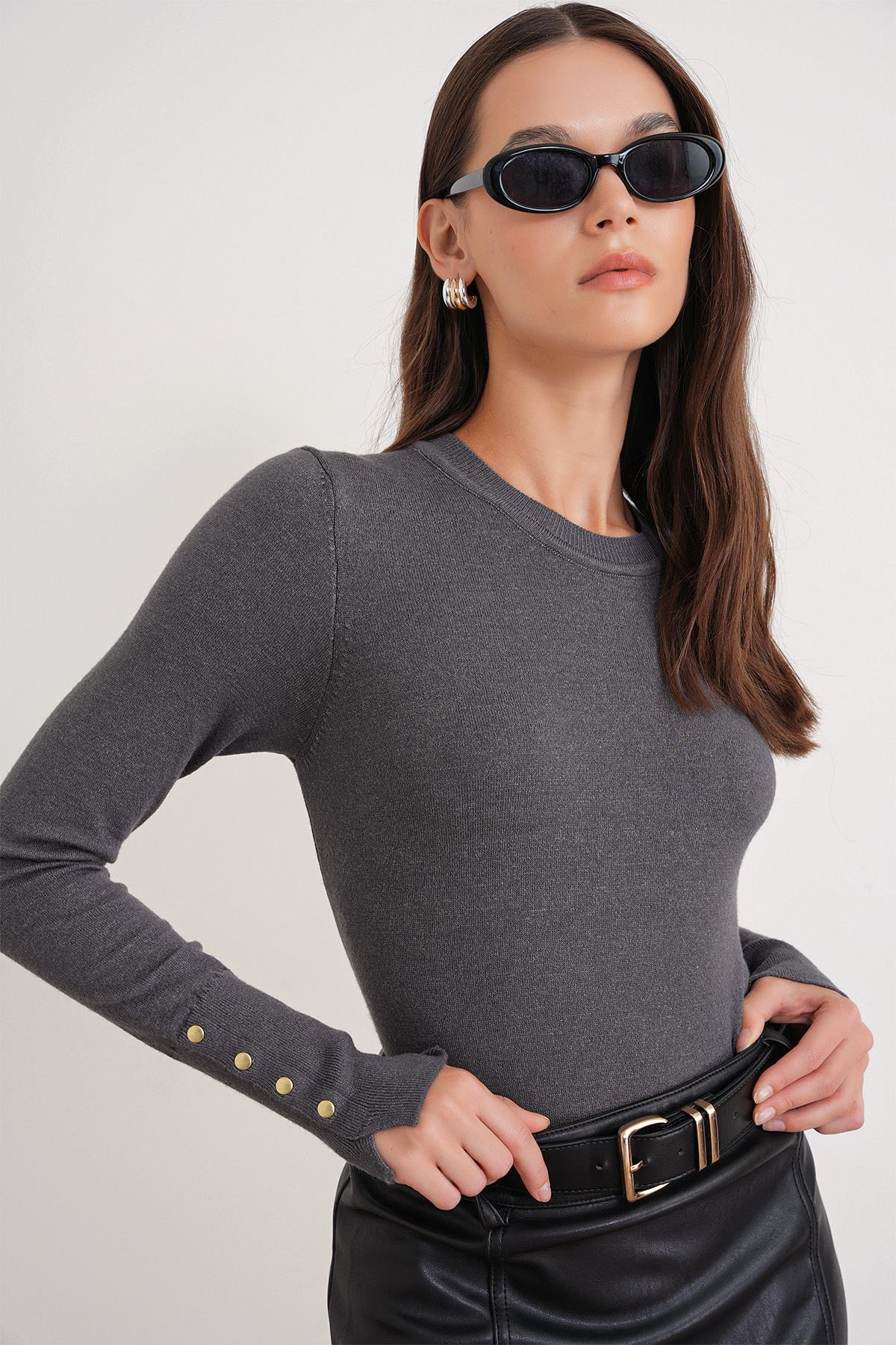 6736 Kadın Bisiklet Yaka Kolu Droplu Triko Kazak Antrasit