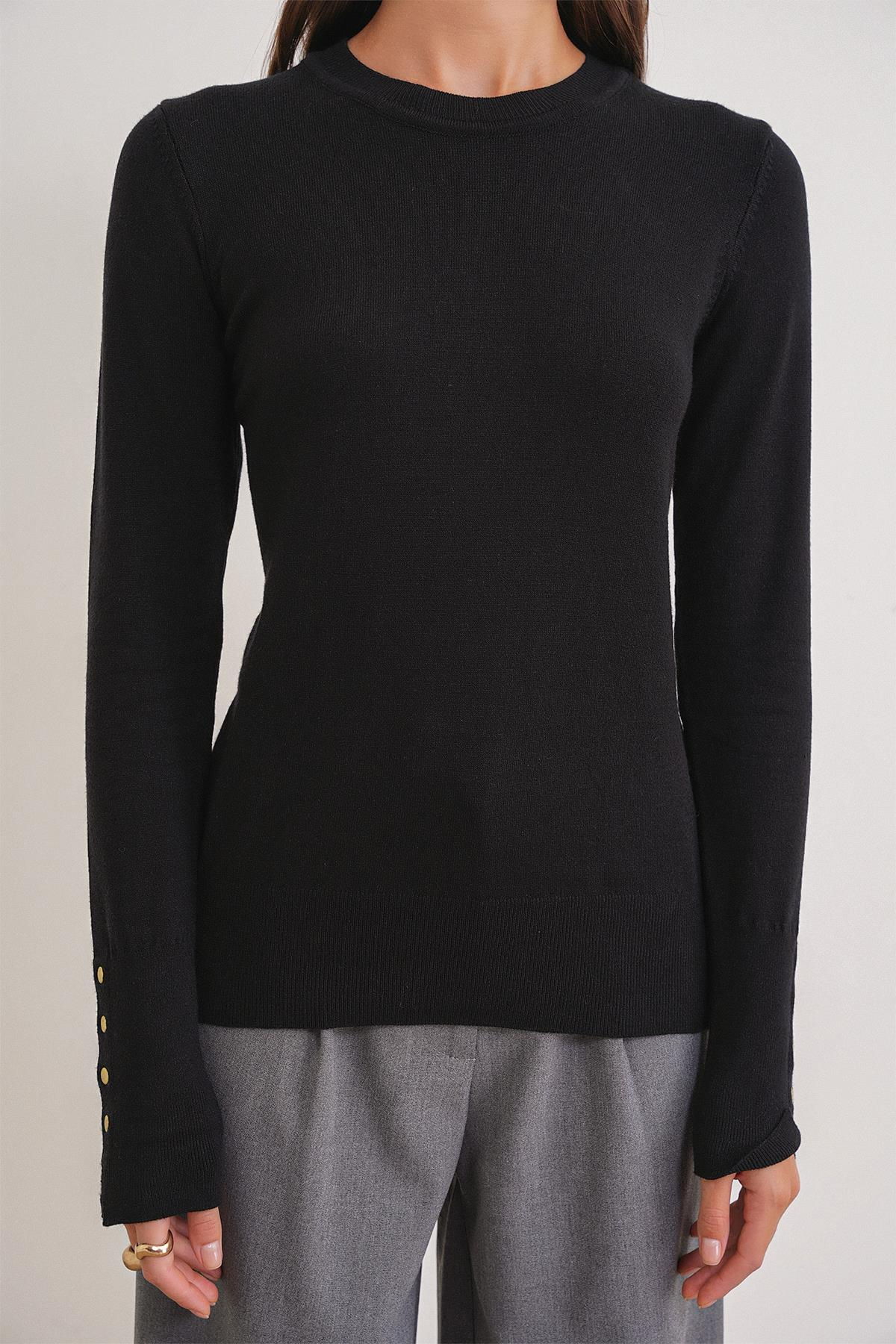 6736 Kadın Bisiklet Yaka Kolu Droplu Triko Kazak Siyah